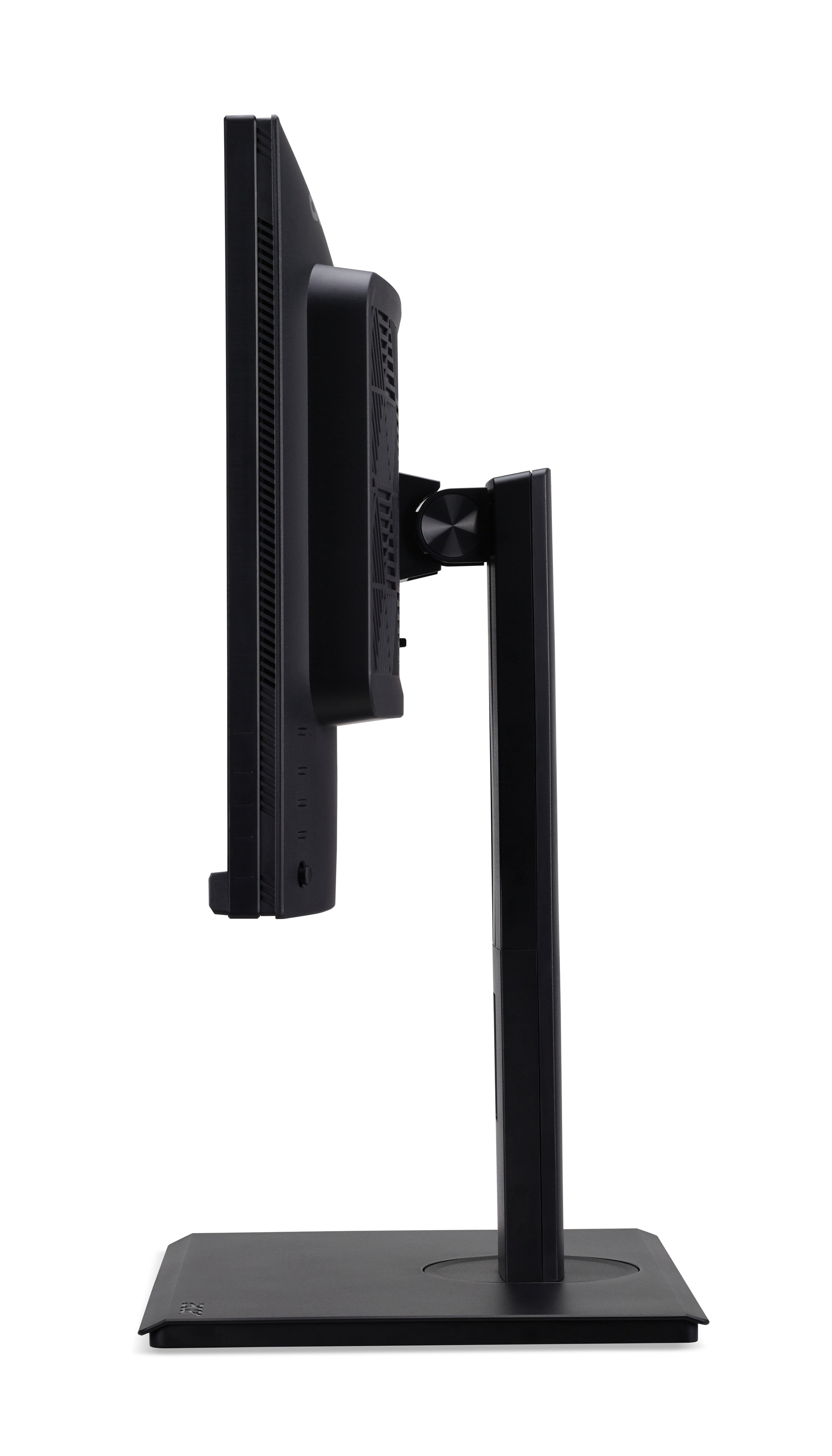 Widok z boku czarnego monitora z podstawką na białym tle.