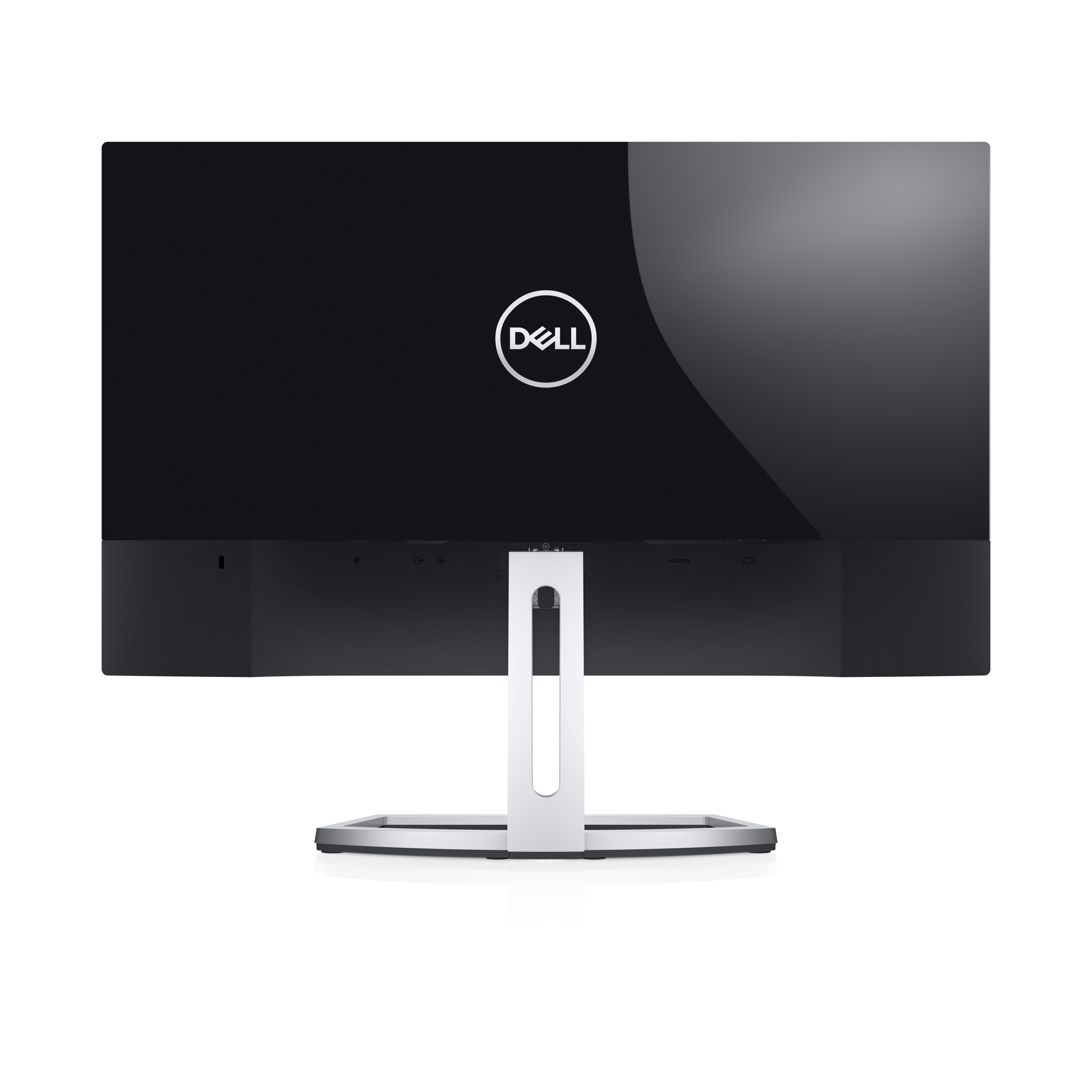 Il retro di un monitor con il logo Dell, porte e un supporto.