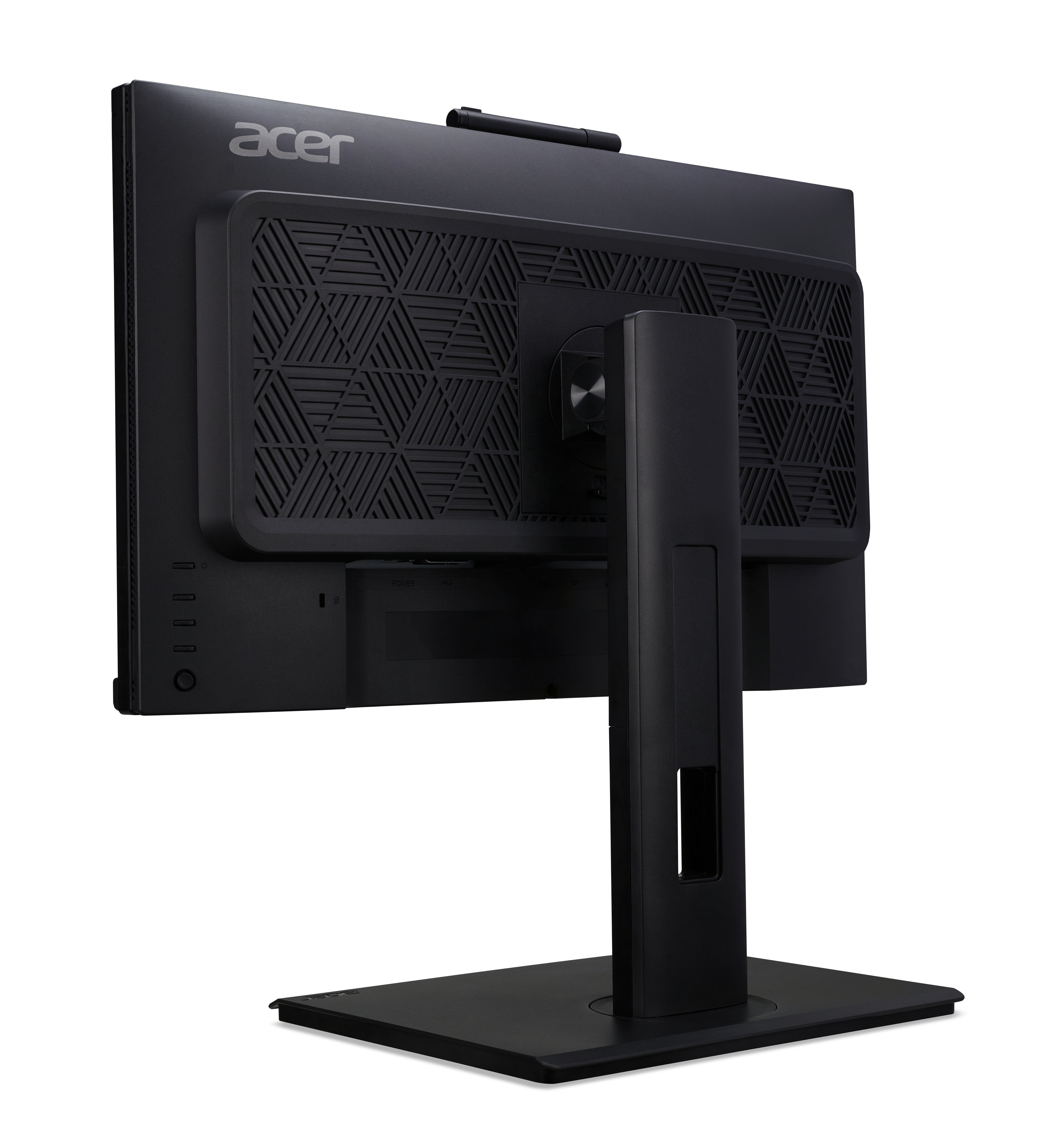 Widok z tyłu czarnego monitora ze stojakiem. Logo Acer jest widoczne na górze monitora.