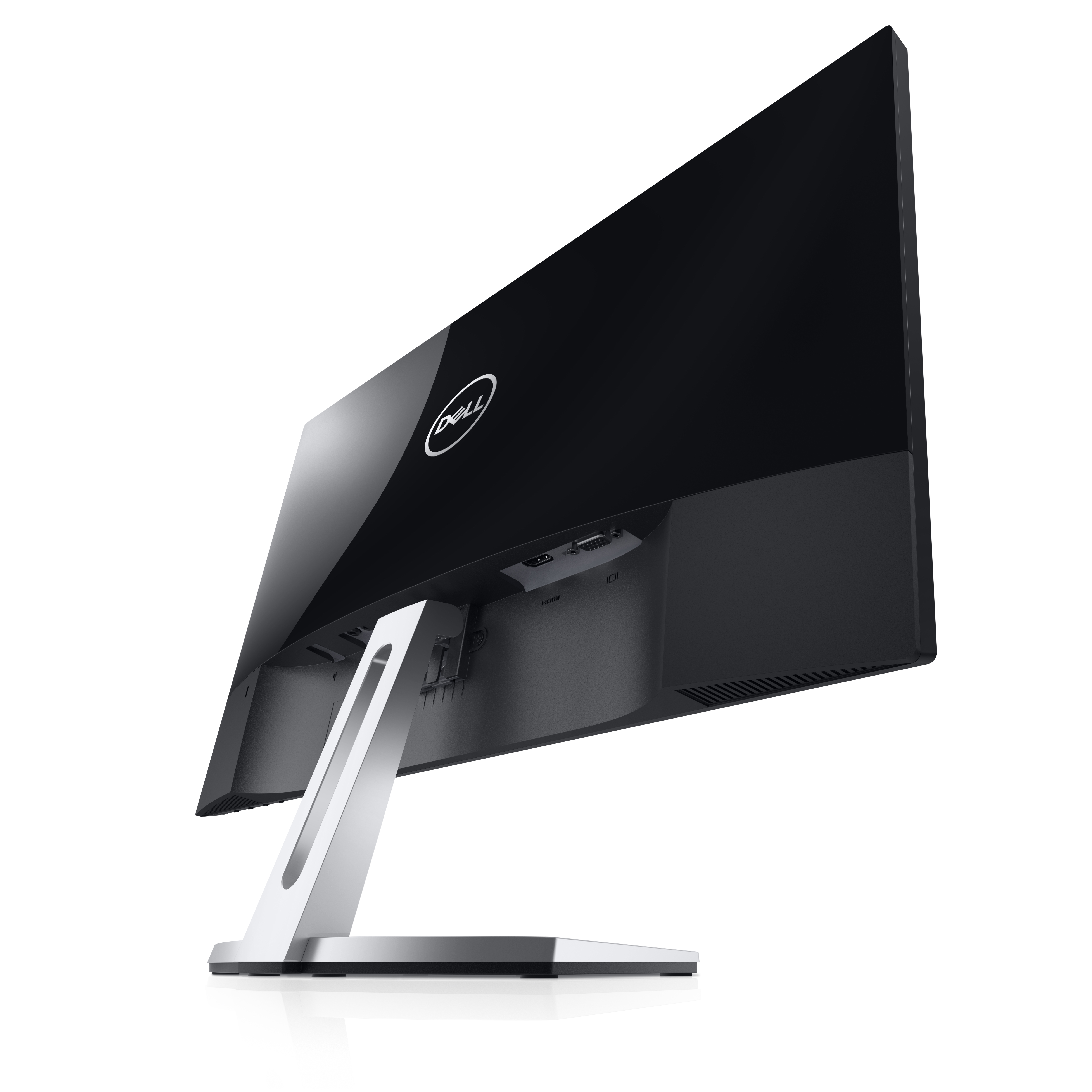 Monitor Dell, vista angolata. Schermo nero, supporto argento e logo Dell.