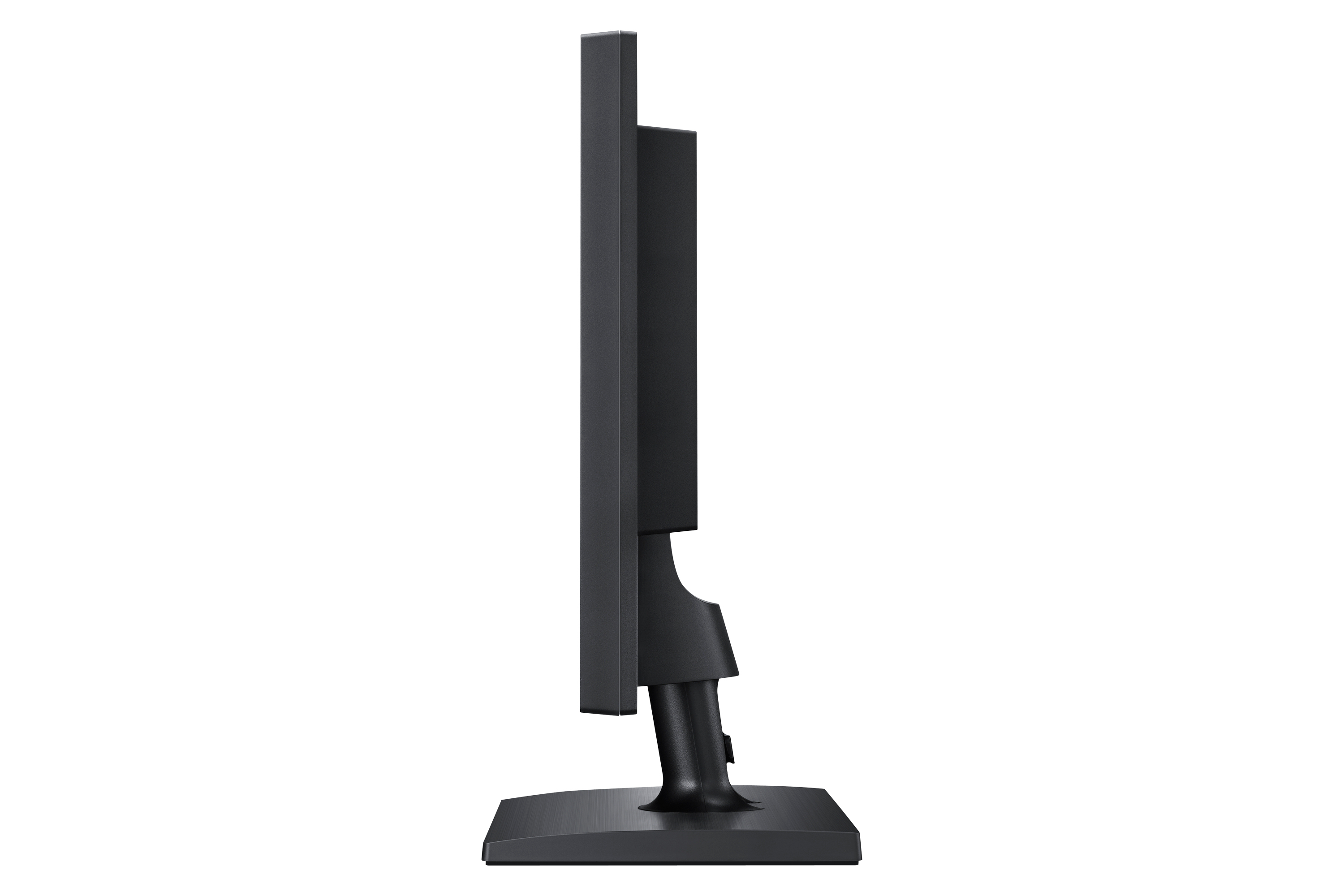 Vista laterale di un monitor nero su sfondo bianco.