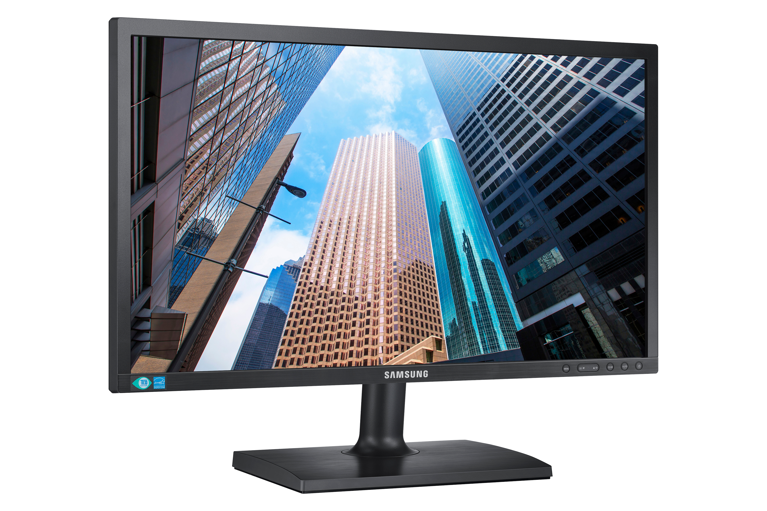Monitor nero con skyline cittadino con edifici alti e cielo blu.