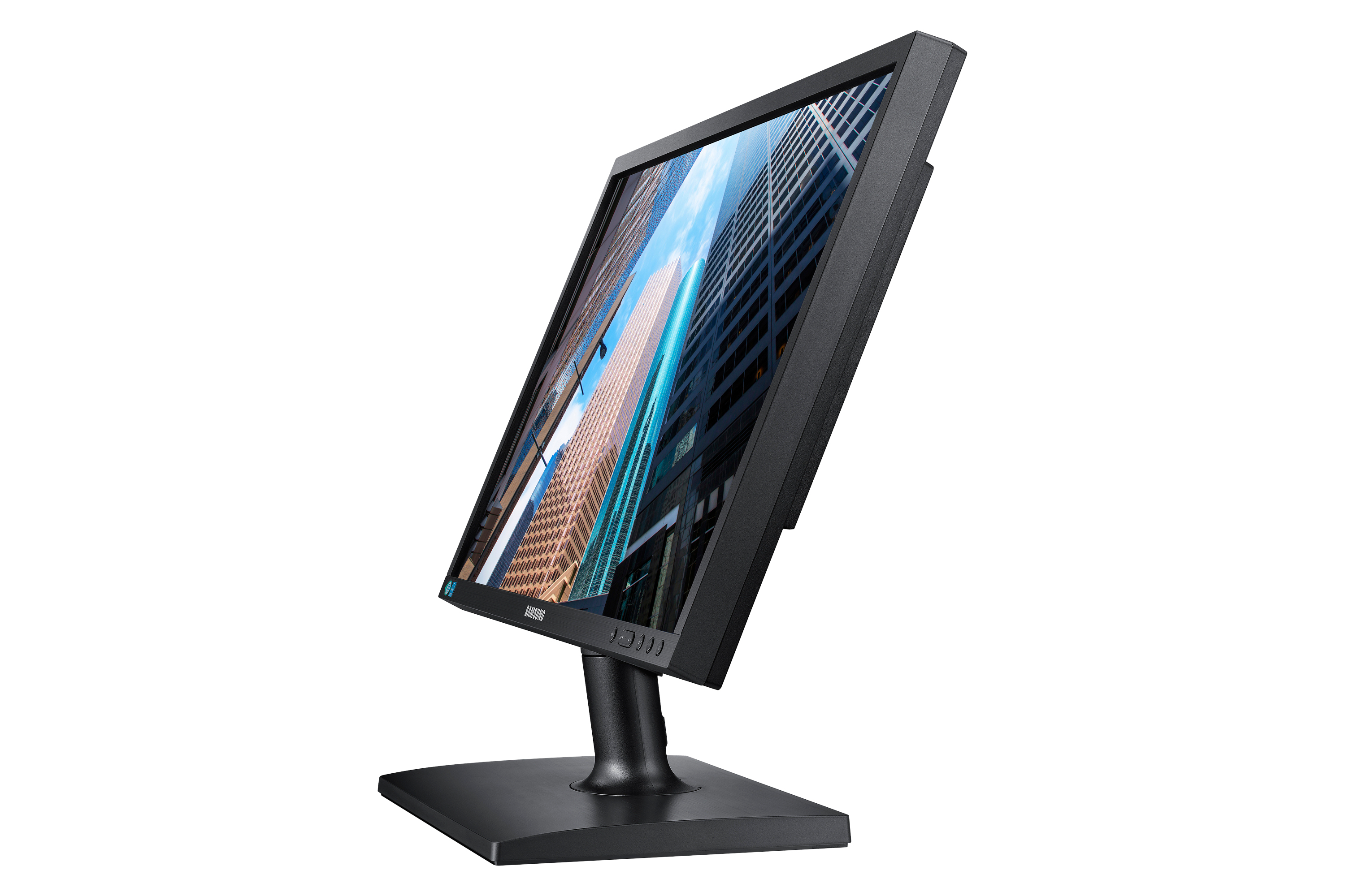 Un monitor Samsung angolato per mostrare un paesaggio urbano, con base e supporto neri.