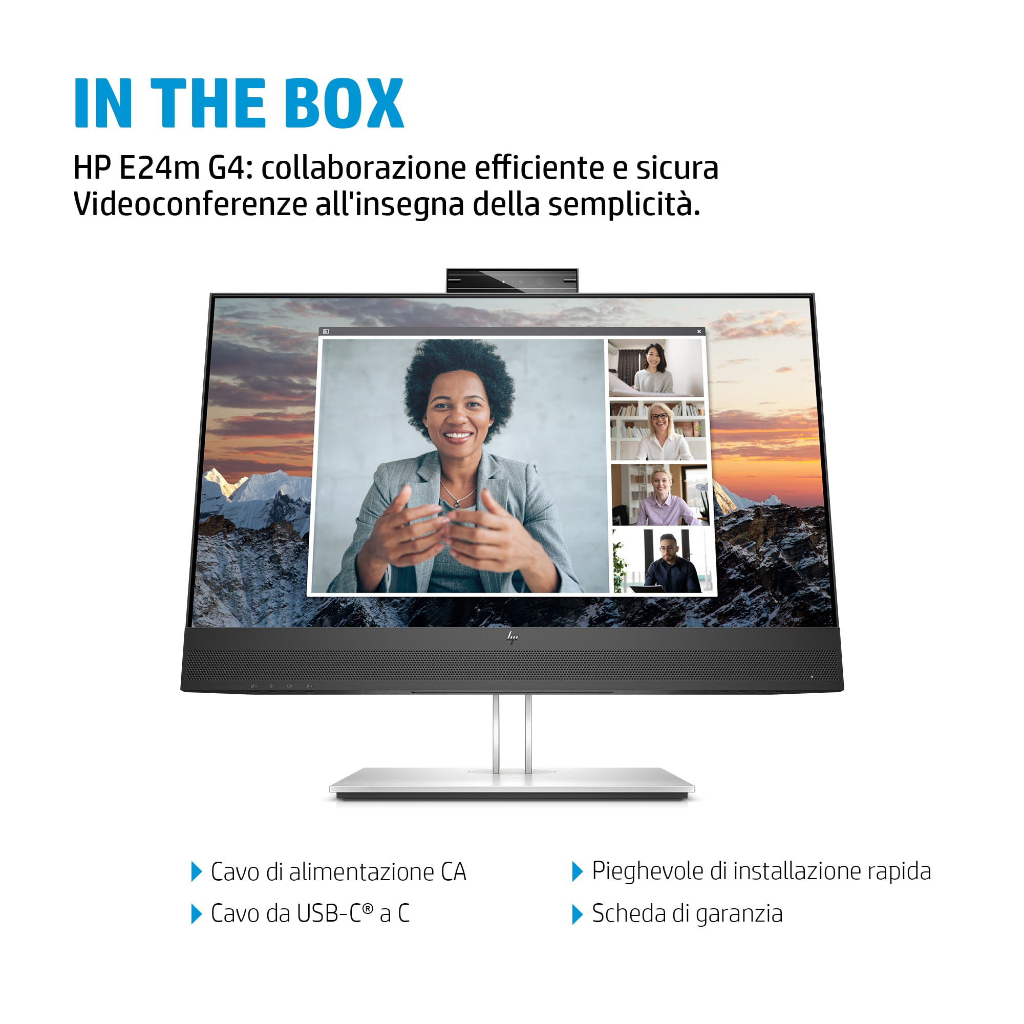 Monitor HP E24m G4 con videollamada, y cables en la caja.