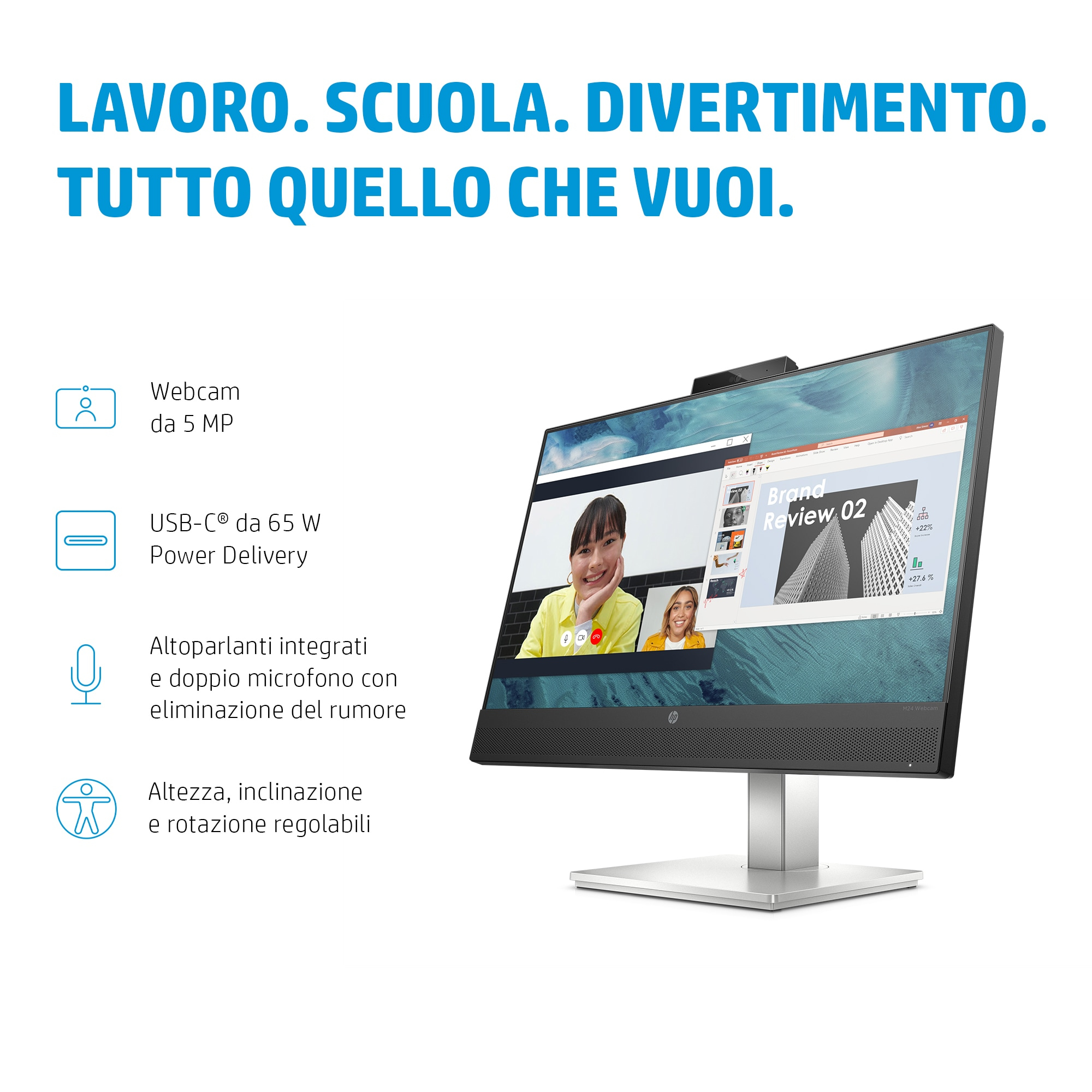 Ordenador HP todo-en-uno con webcam, USB-C, altavoces y soporte ajustable.