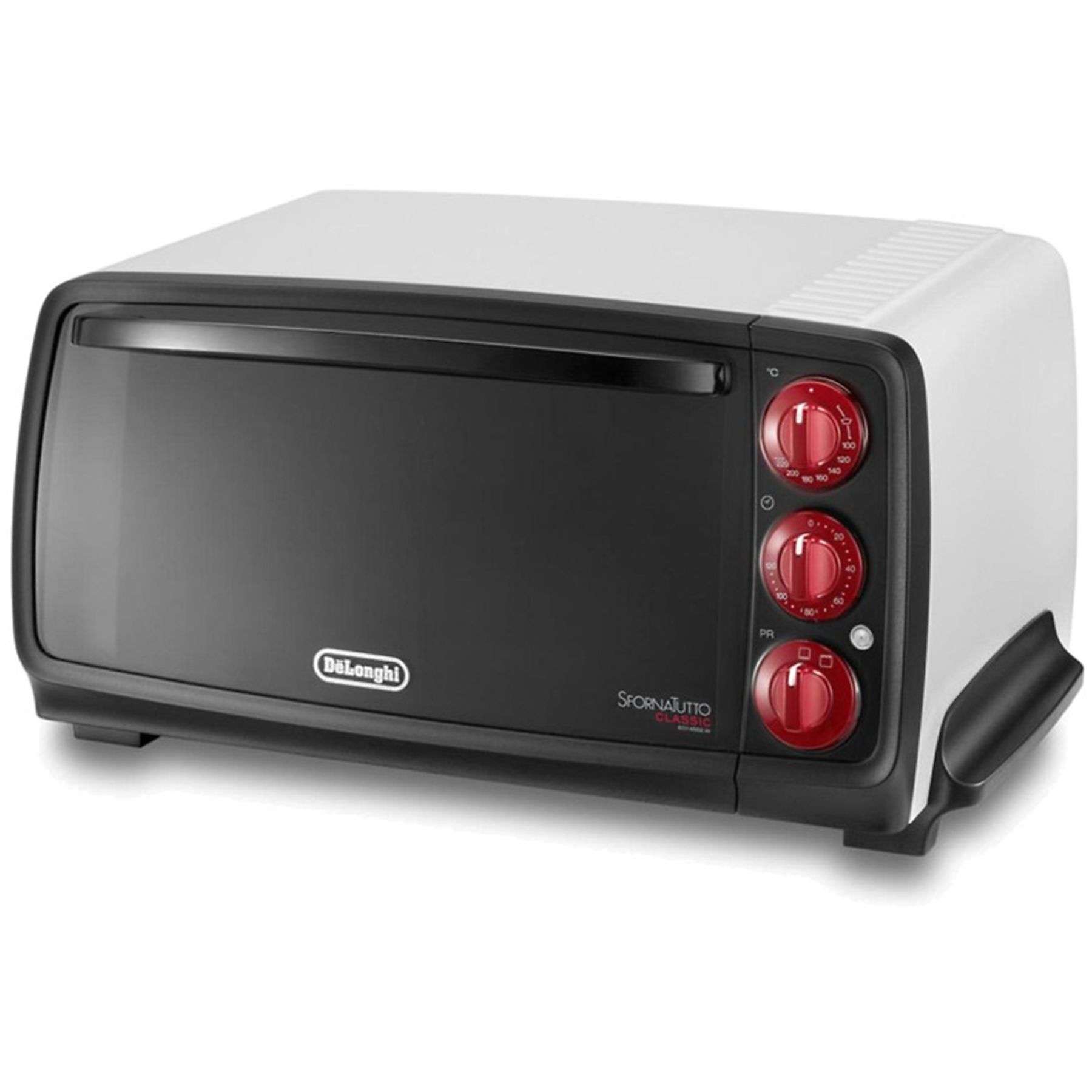 Czarny i biały piekarnik Delonghi z czerwonymi pokrętłami. Ma szklane drzwi.