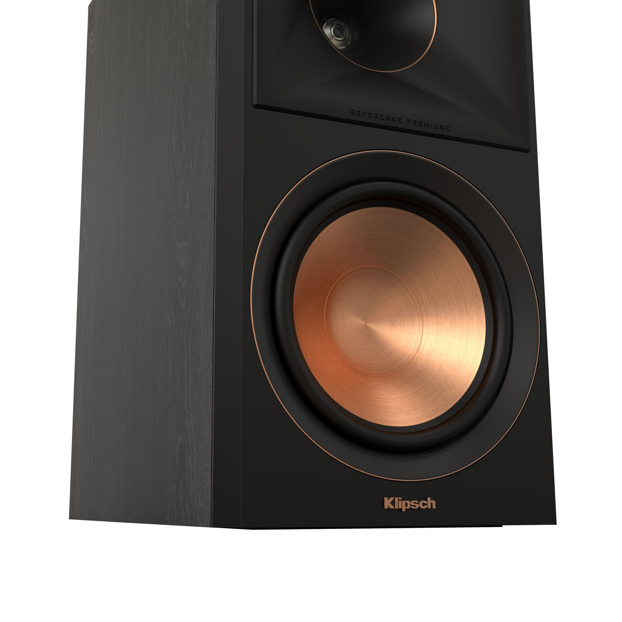 Een zwarte luidspreker met een koperkleurige conus en de naam 'Klipsch'.