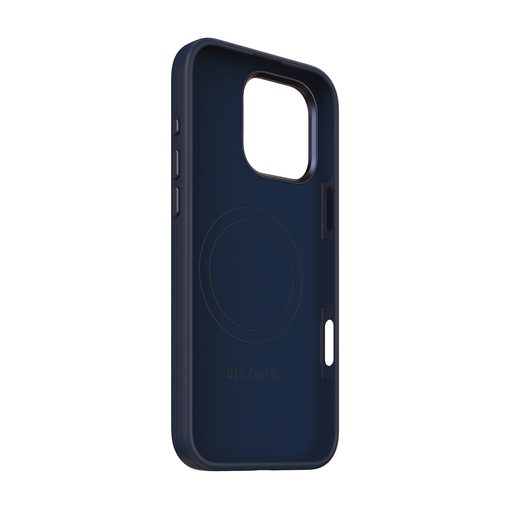 Een donkerblauwe telefoonhoes met een uitsparing voor de camera en een cirkelvormig ontwerp.