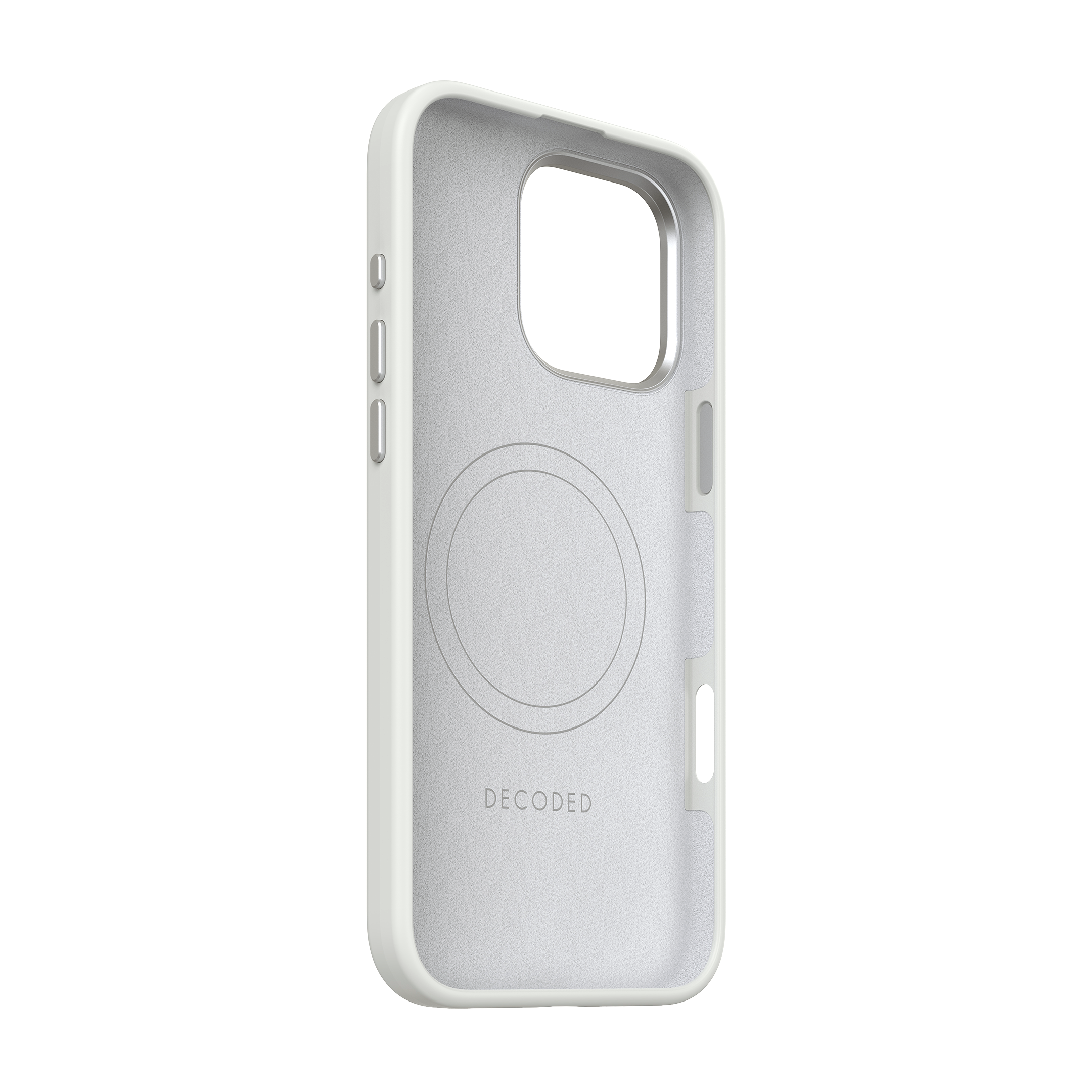 Witte telefoonhoes, binnenaanzicht. Zilveren ring voor MagSafe en Decoded-branding.