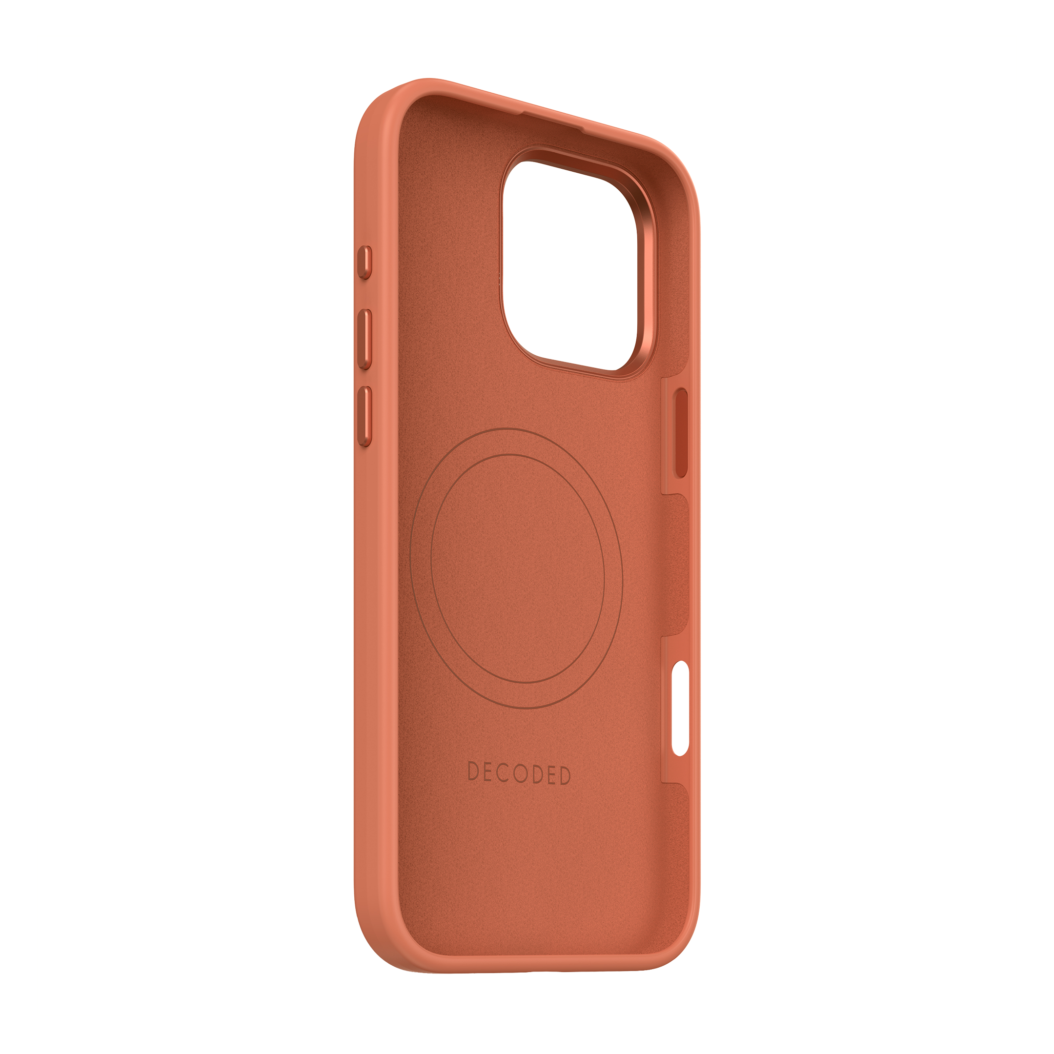 Oranje telefoonhoesje interieur met het Decoded logo.