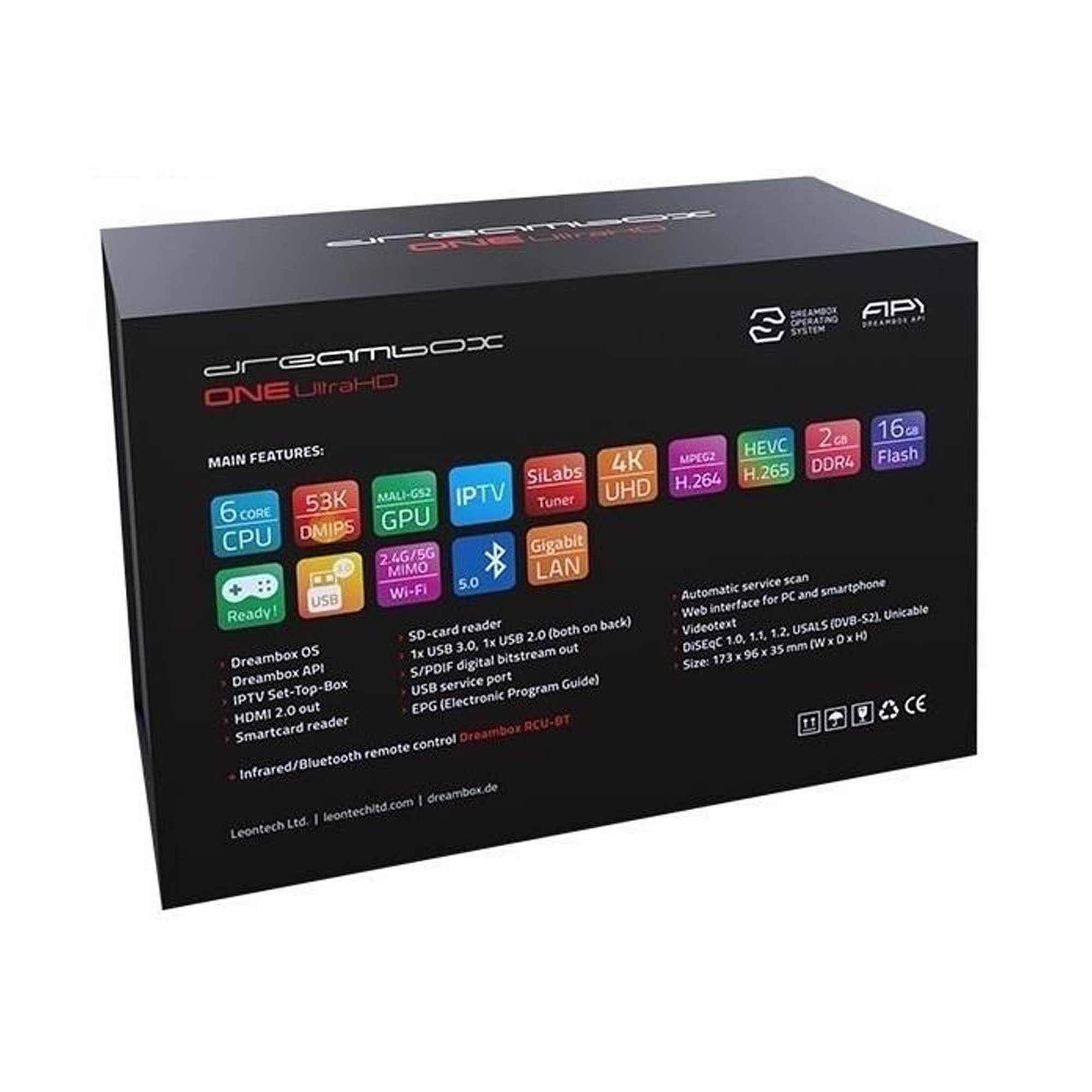 Schwarze Box mit Funktionsliste und Logos. Es ist eine Dreambox ONE UltraHD.