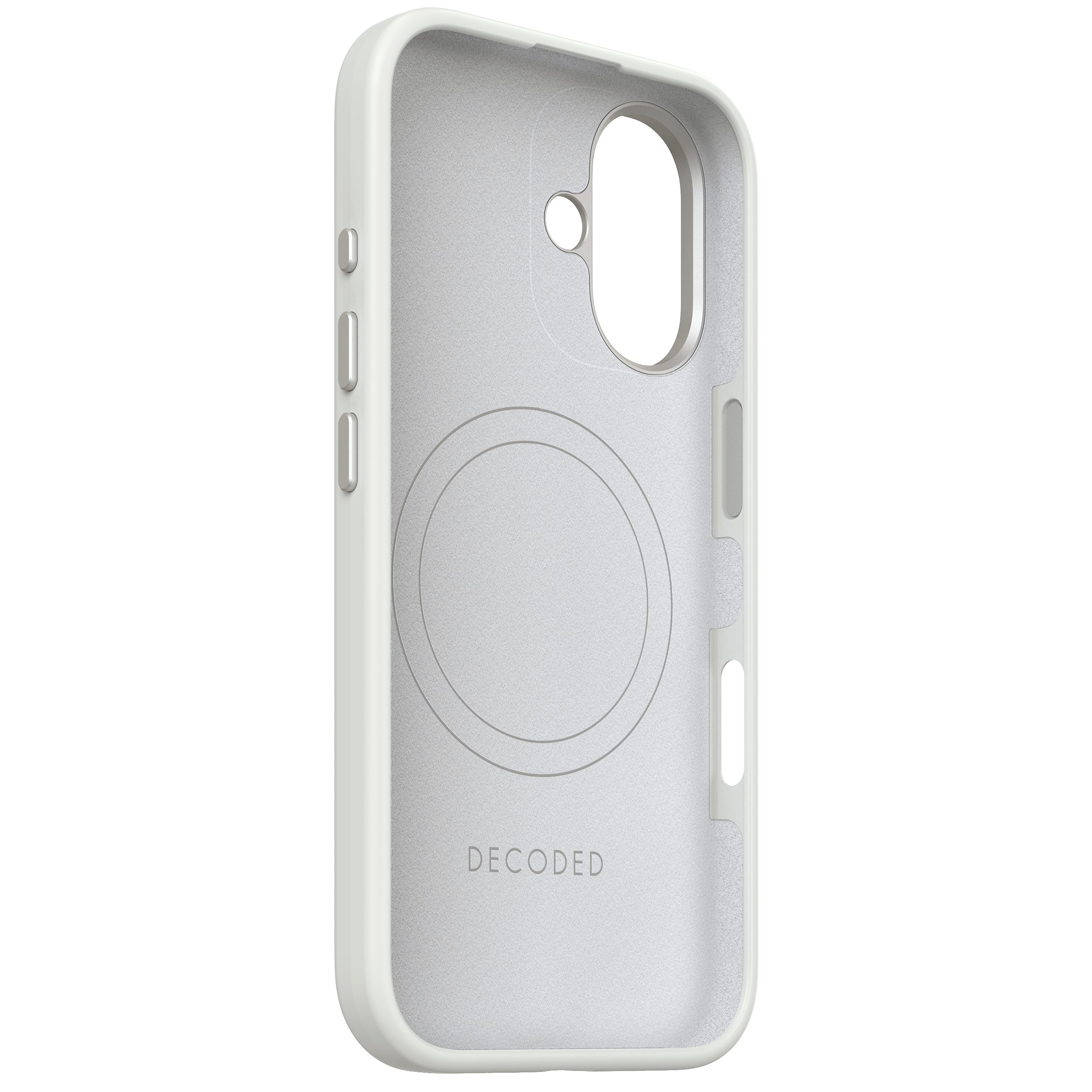 Witte telefoonhoes, binnenaanzicht. Zilveren ring voor MagSafe en Decoded-branding.