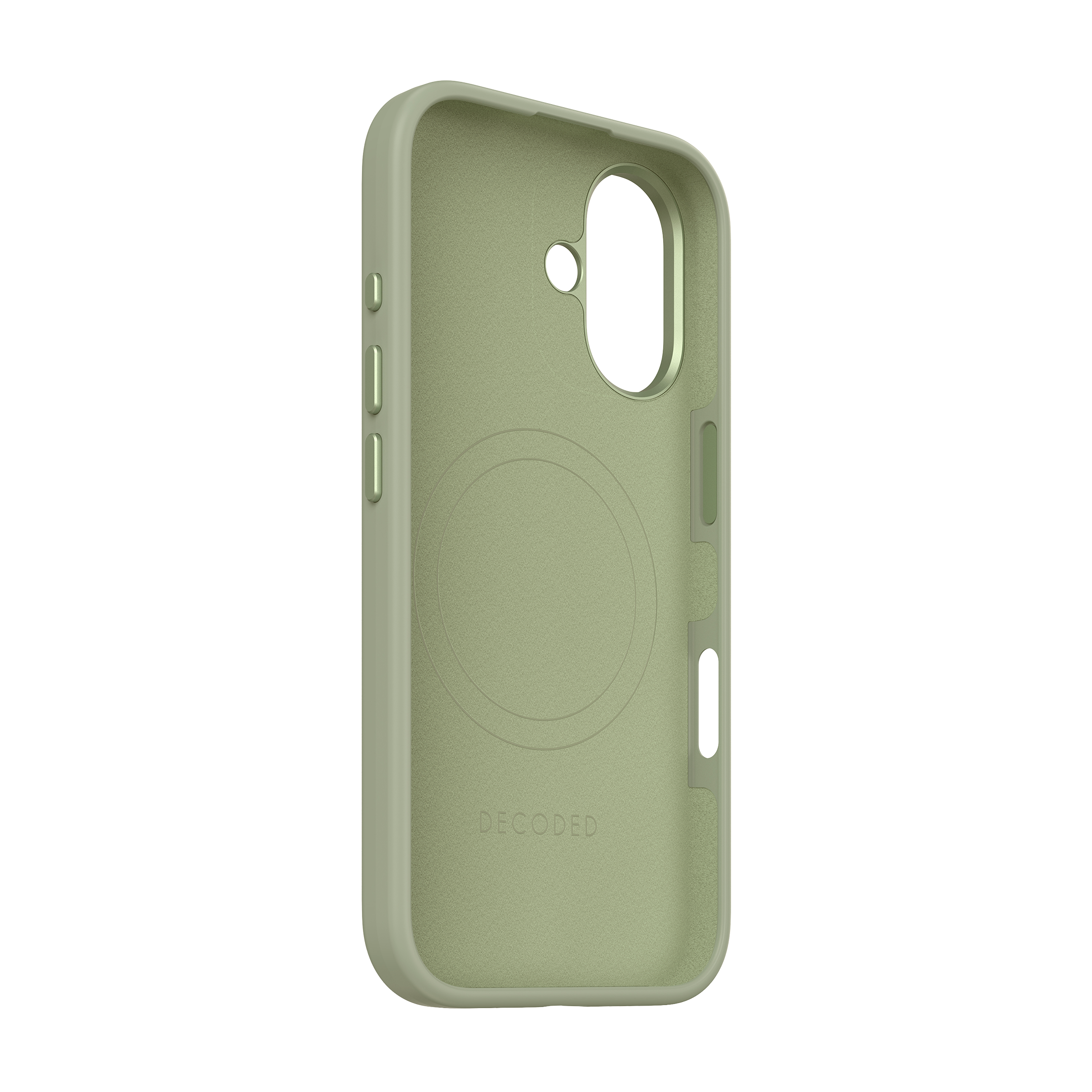 Een olijfgroene telefoonhoes met het Decoded logo. De binnenkant is zichtbaar.