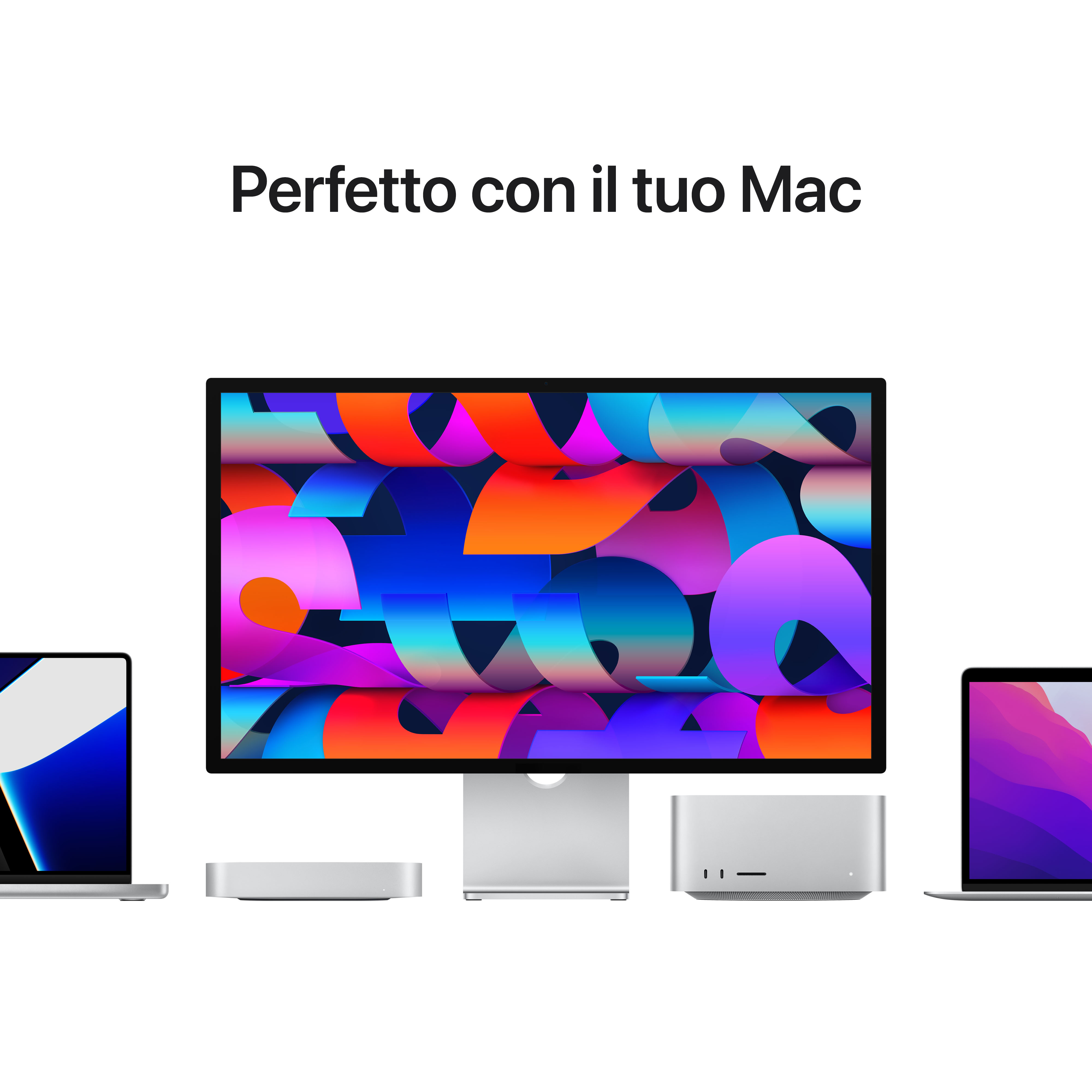 Un'immagine promozionale con più prodotti Apple, tra cui un monitor e laptop.