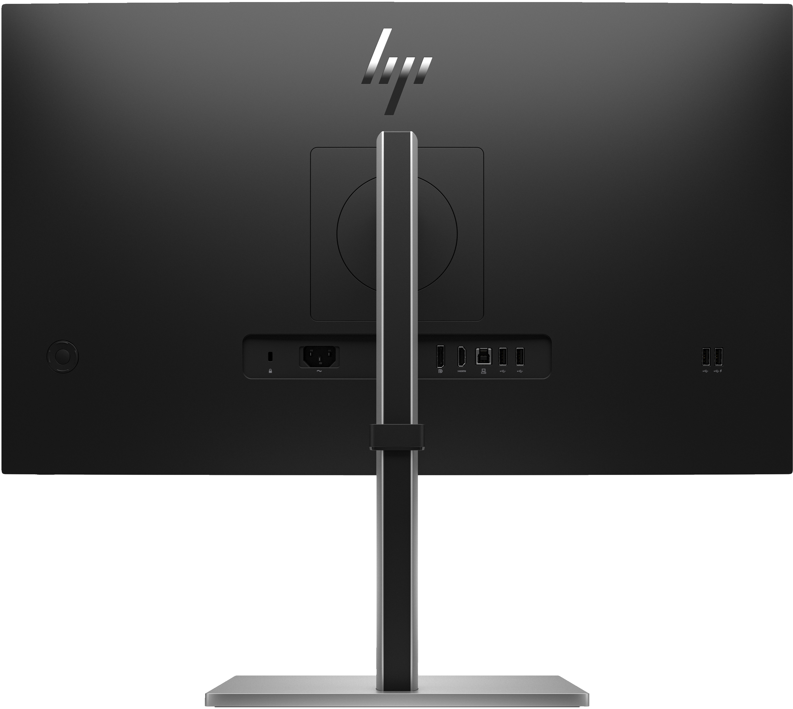 Parte trasera de monitor HP. Soporte central, puertos y logo HP.