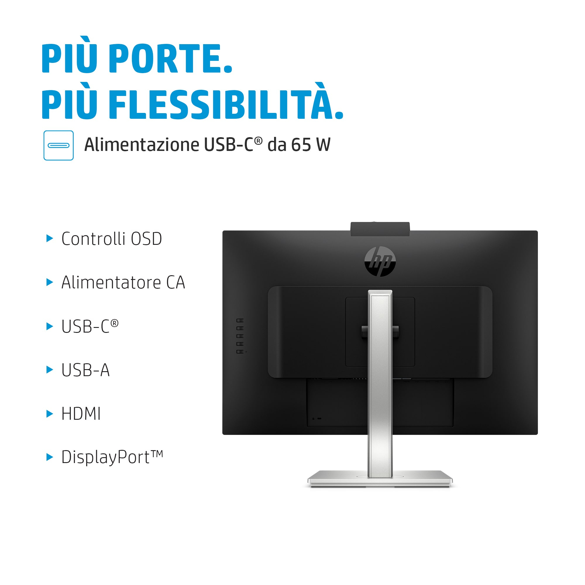 Back of a monitor with text, ports, and stand. USB-C 65W power, HDMI, USB-A.