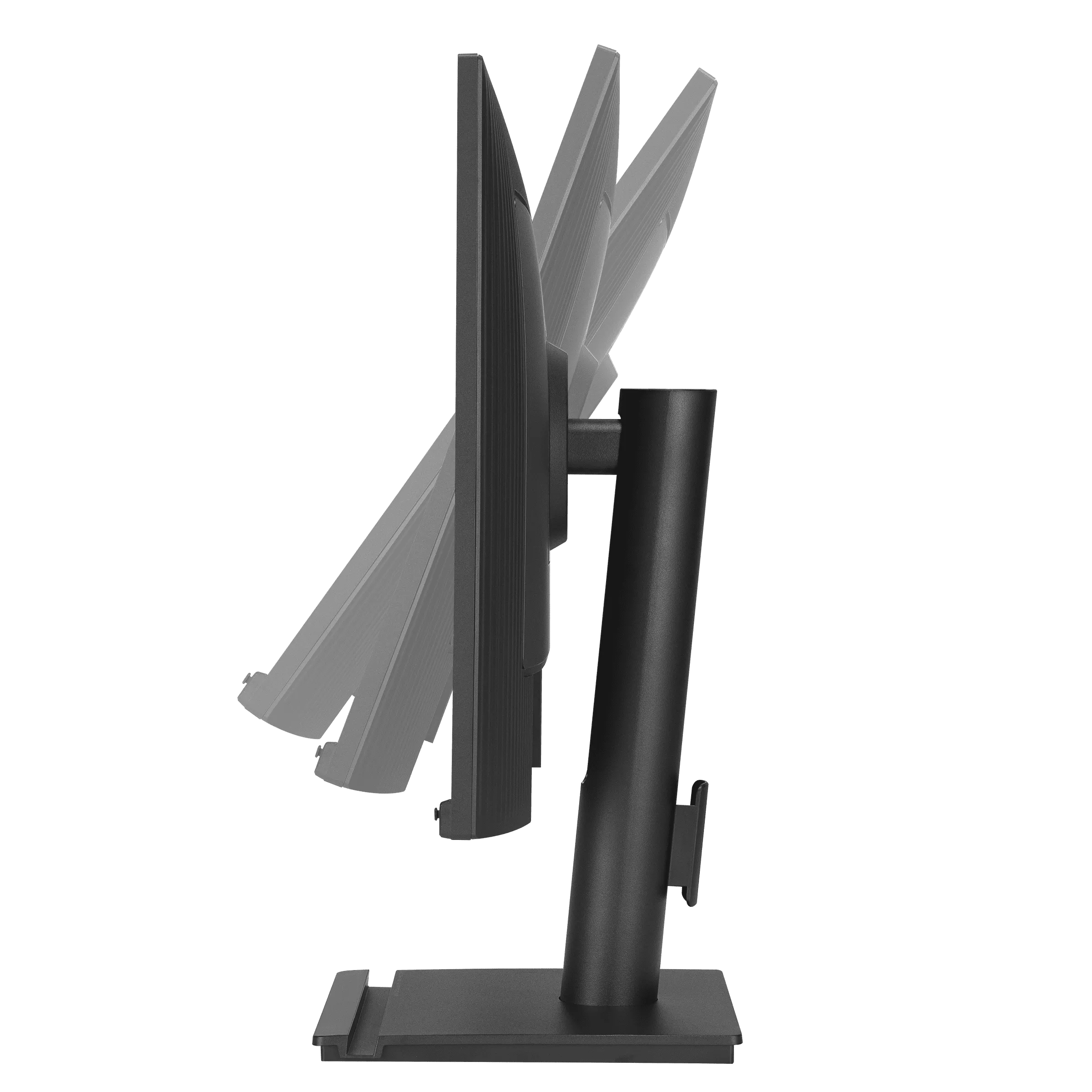 Monitor wyświetlający obraz. Podstawa i ekran są czarne, a ekran jest regulowany.