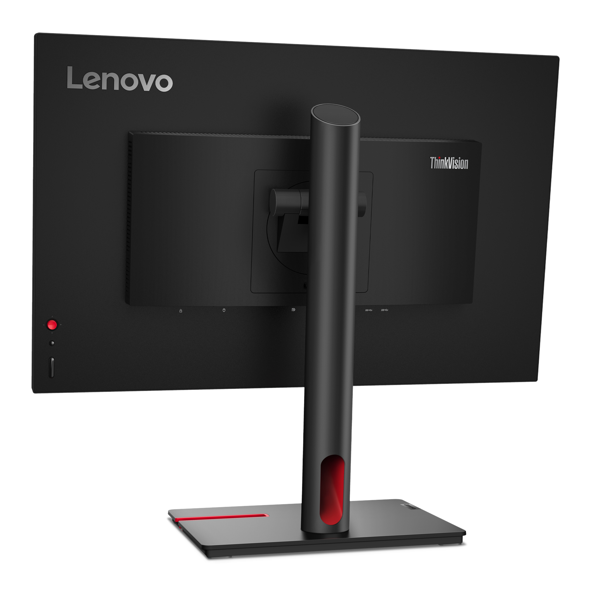 Widok z tyłu czarnego monitora Lenovo ze stojakiem. Widoczne logo ThinkVision.