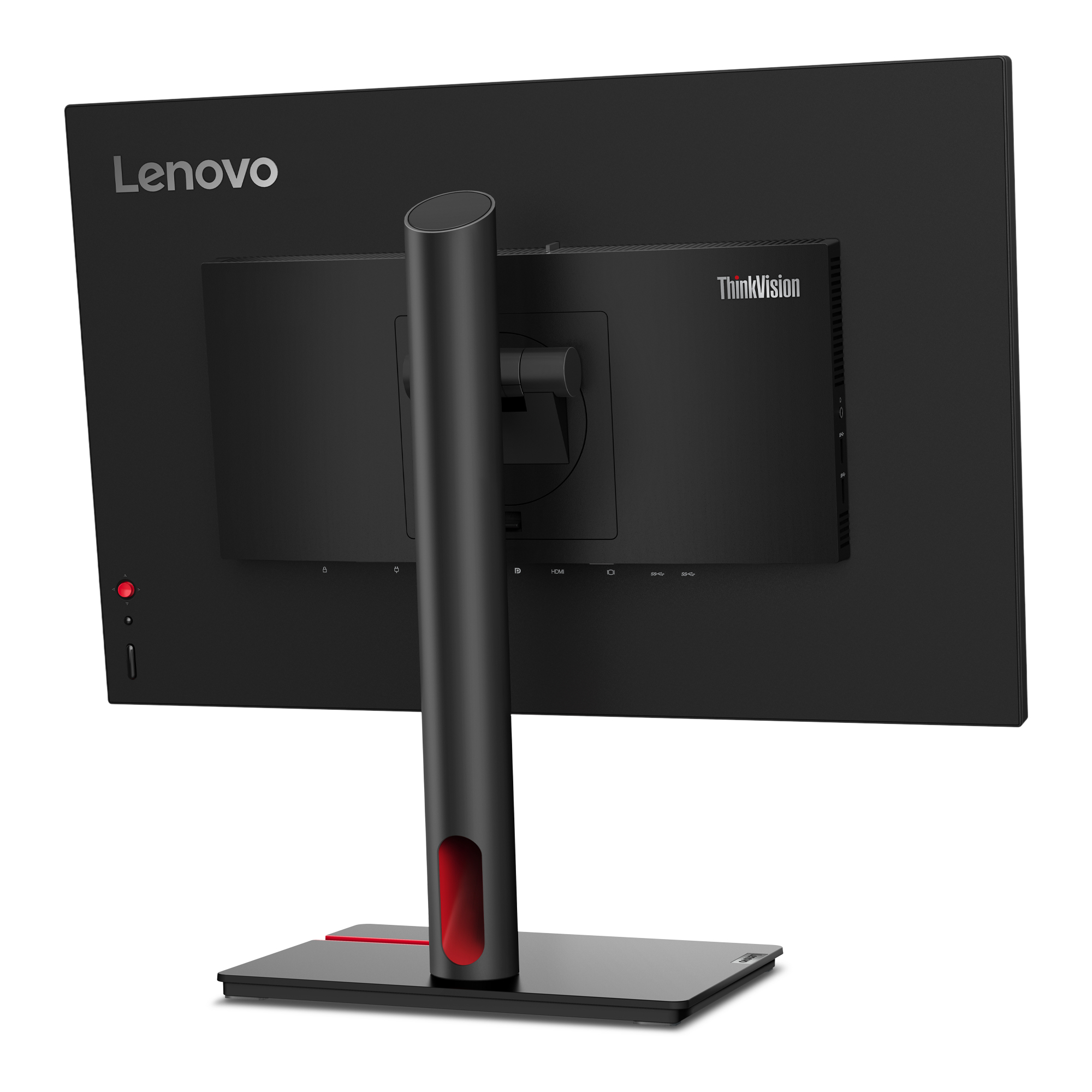 Widok z tyłu czarnego monitora Lenovo. Podstawa to czarny walec z czerwonym akcentem.