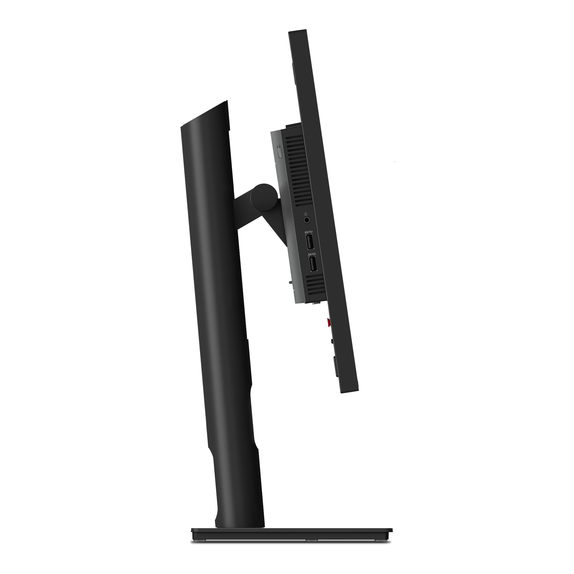 Widok z przodu czarnego monitora wyświetlającego kolorową scenerię miejską, umieszczonego na stojaku.