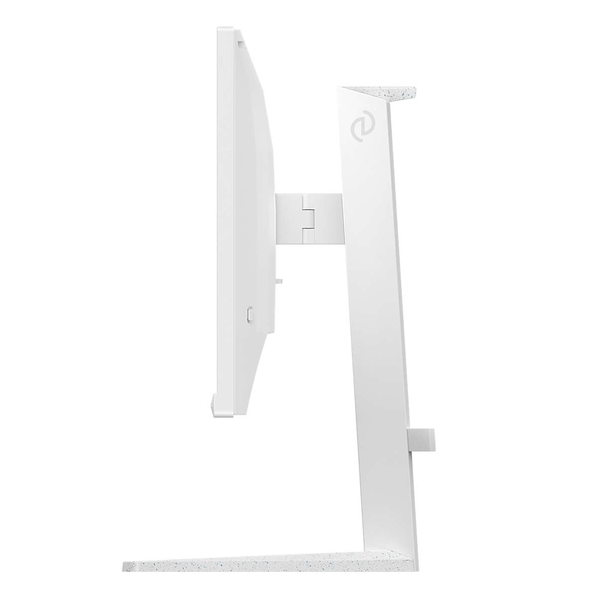 Biały monitor, widok z boku. Stojak jest również biały.