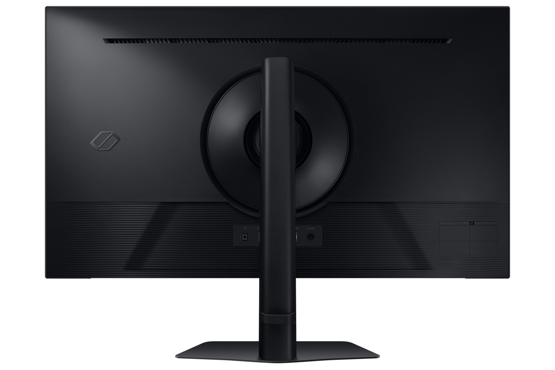 De achterkant van een zwarte monitor met een cirkelvormige standaard en een logo.