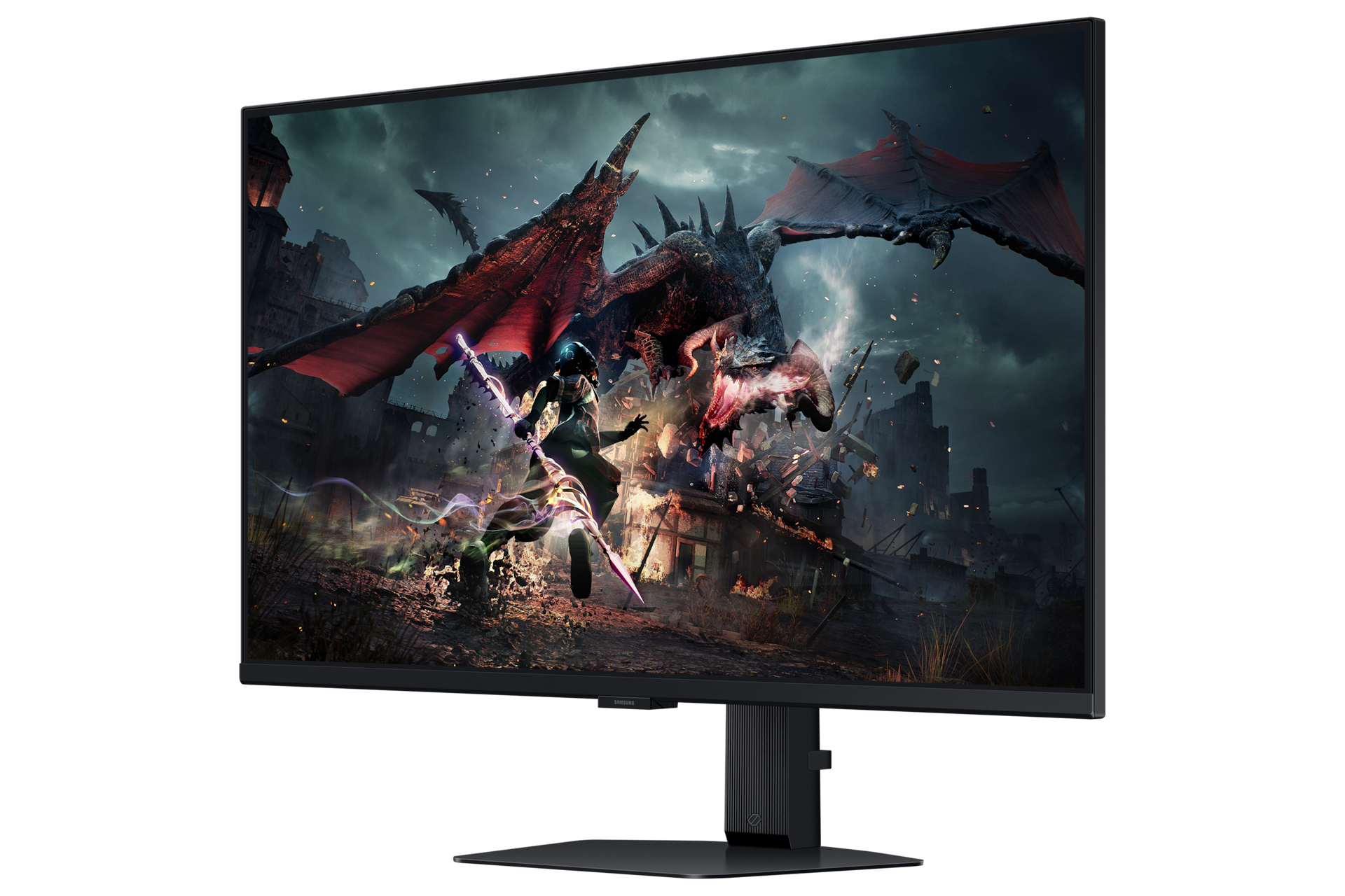 Een monitor met een fantasiegamescène met een draak en een krijger.