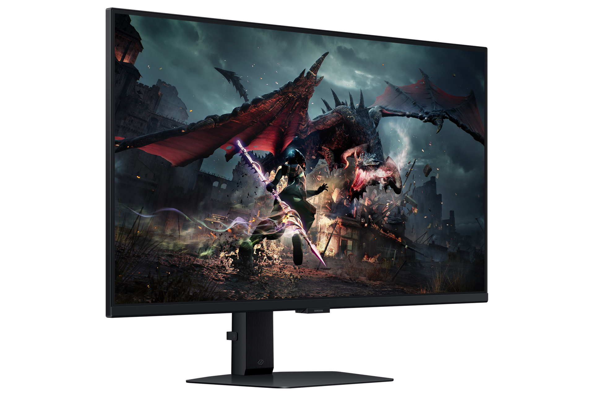 Monitor met een fantasiescène: draak, ridder en verwoeste stad.