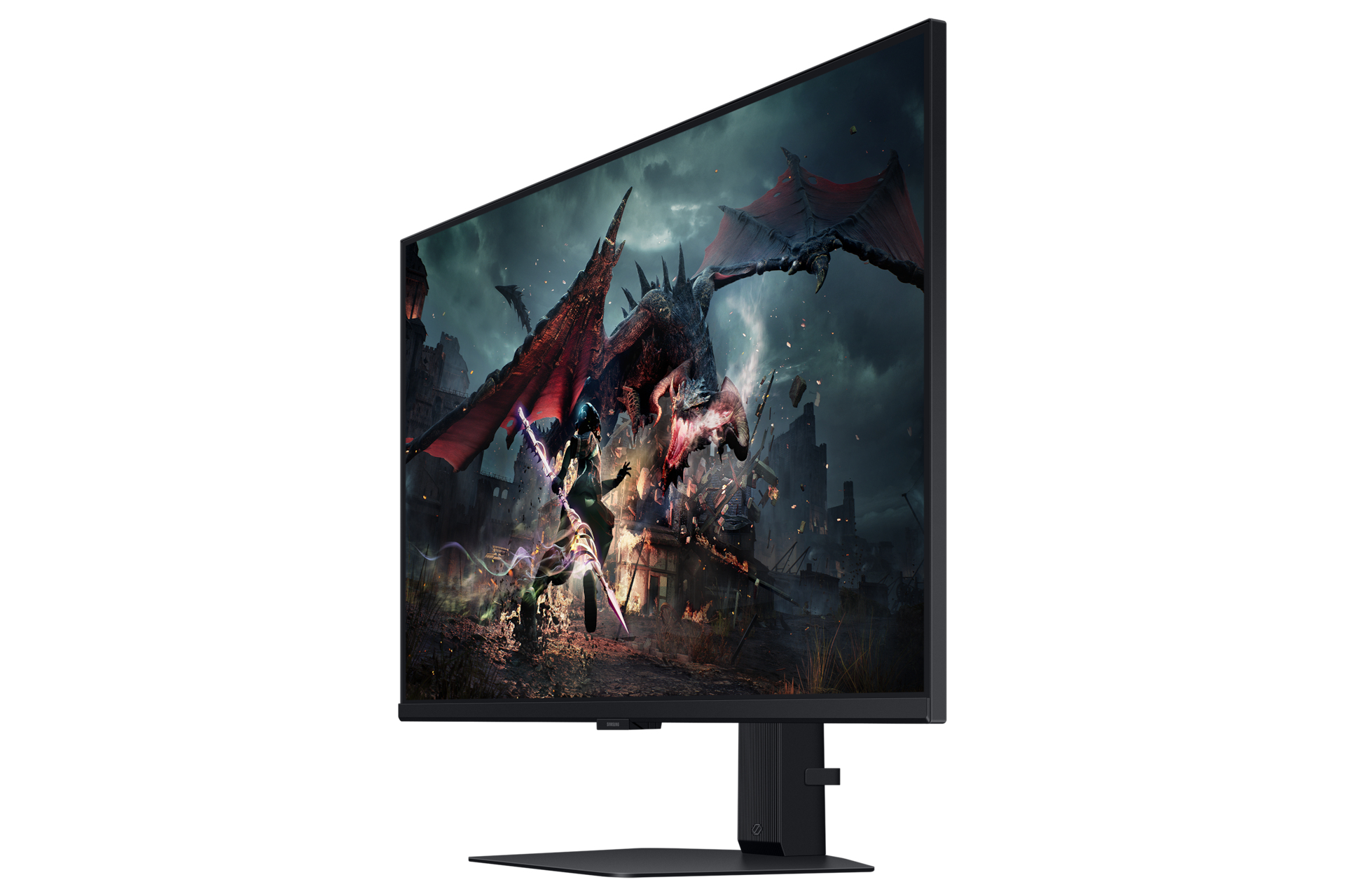Gaming monitor, zijaanzicht, toont een gevechtsscène met een draak en vechtende figuren.