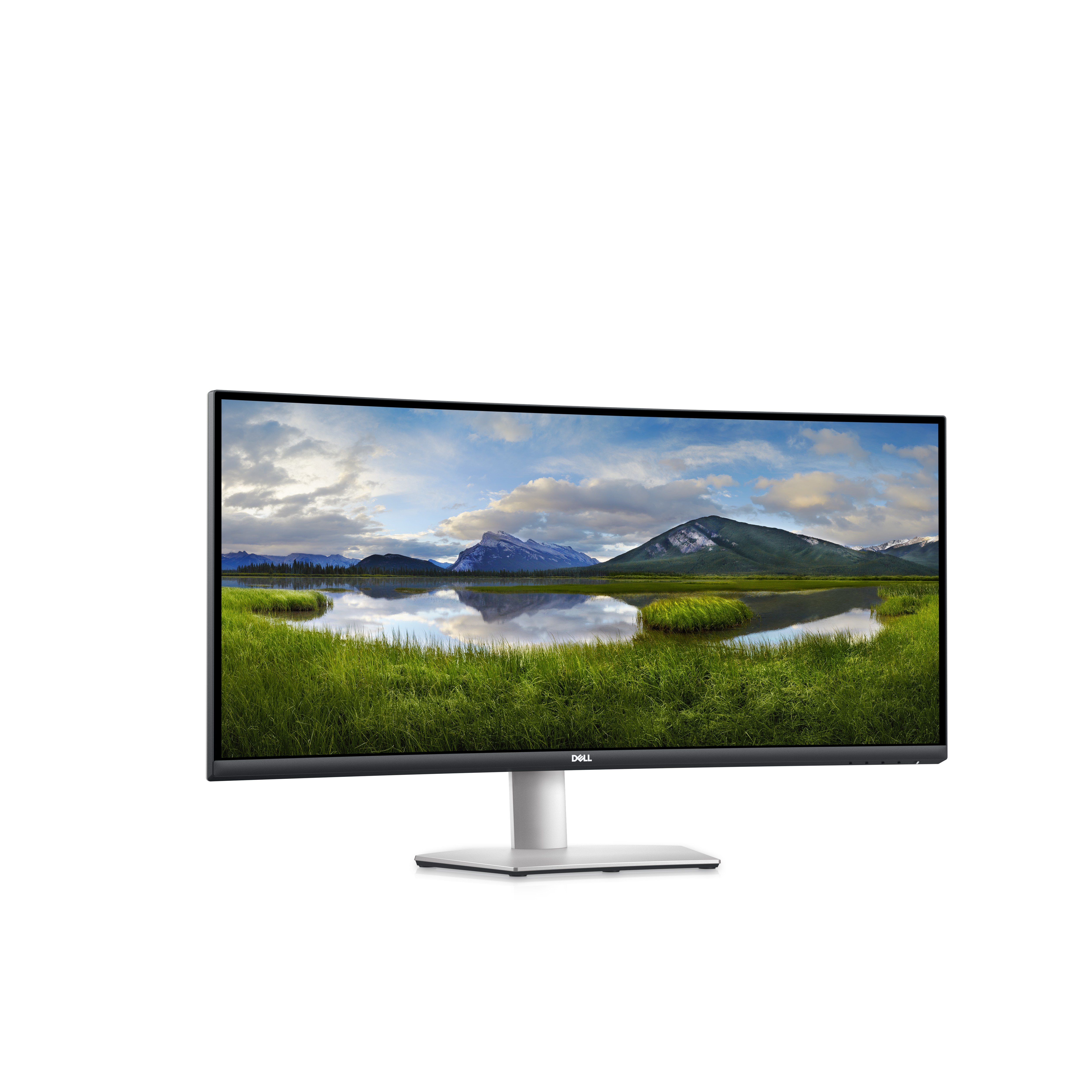 Monitor de computadora mostrando una escena de paisaje con hierba, agua y montañas, sobre fondo blanco.