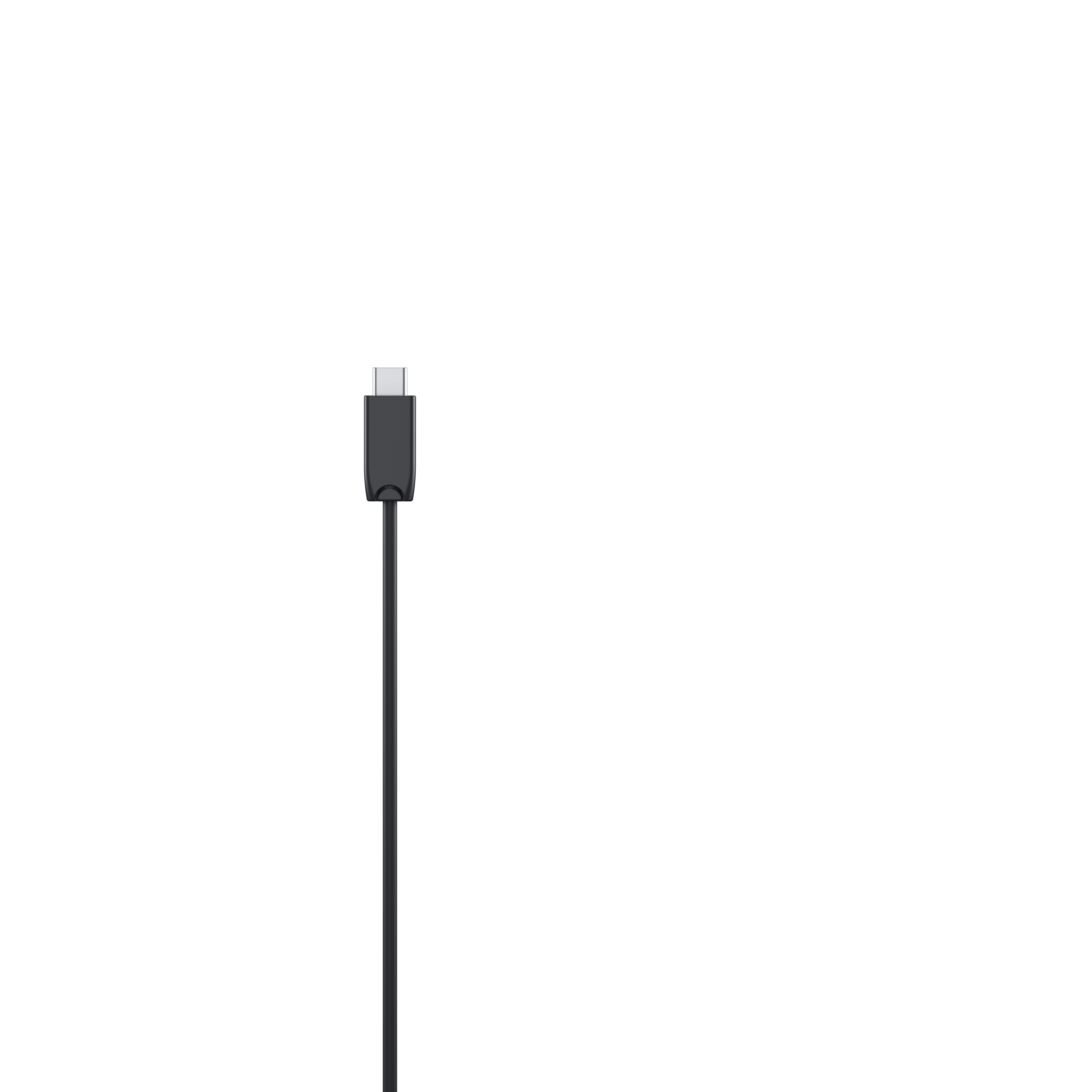 Un cable USB-C negro que se extiende verticalmente sobre un fondo blanco. Conector en la parte superior.