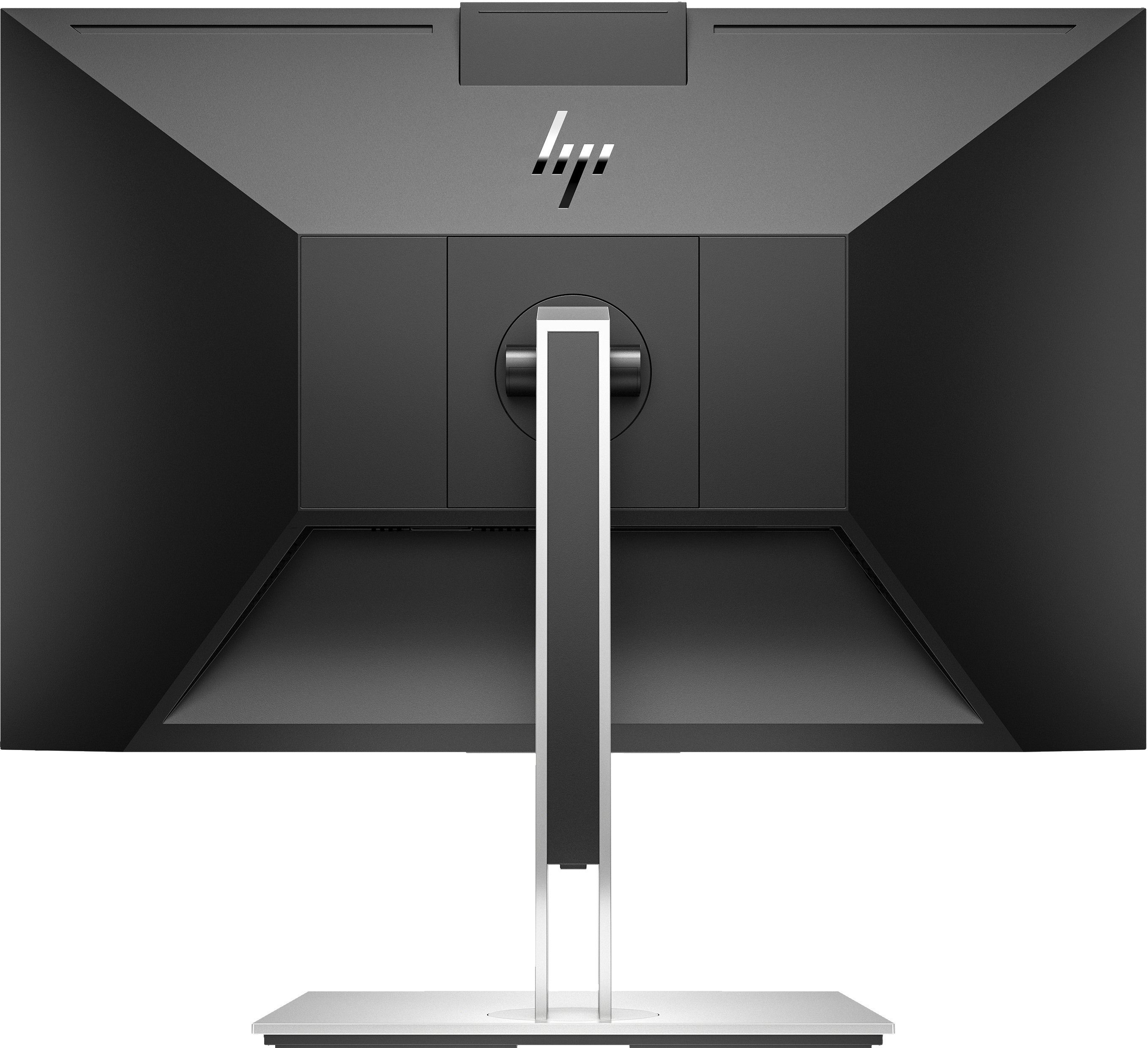 Rear view of a black HP monitor, showing the stand and the HP logo.