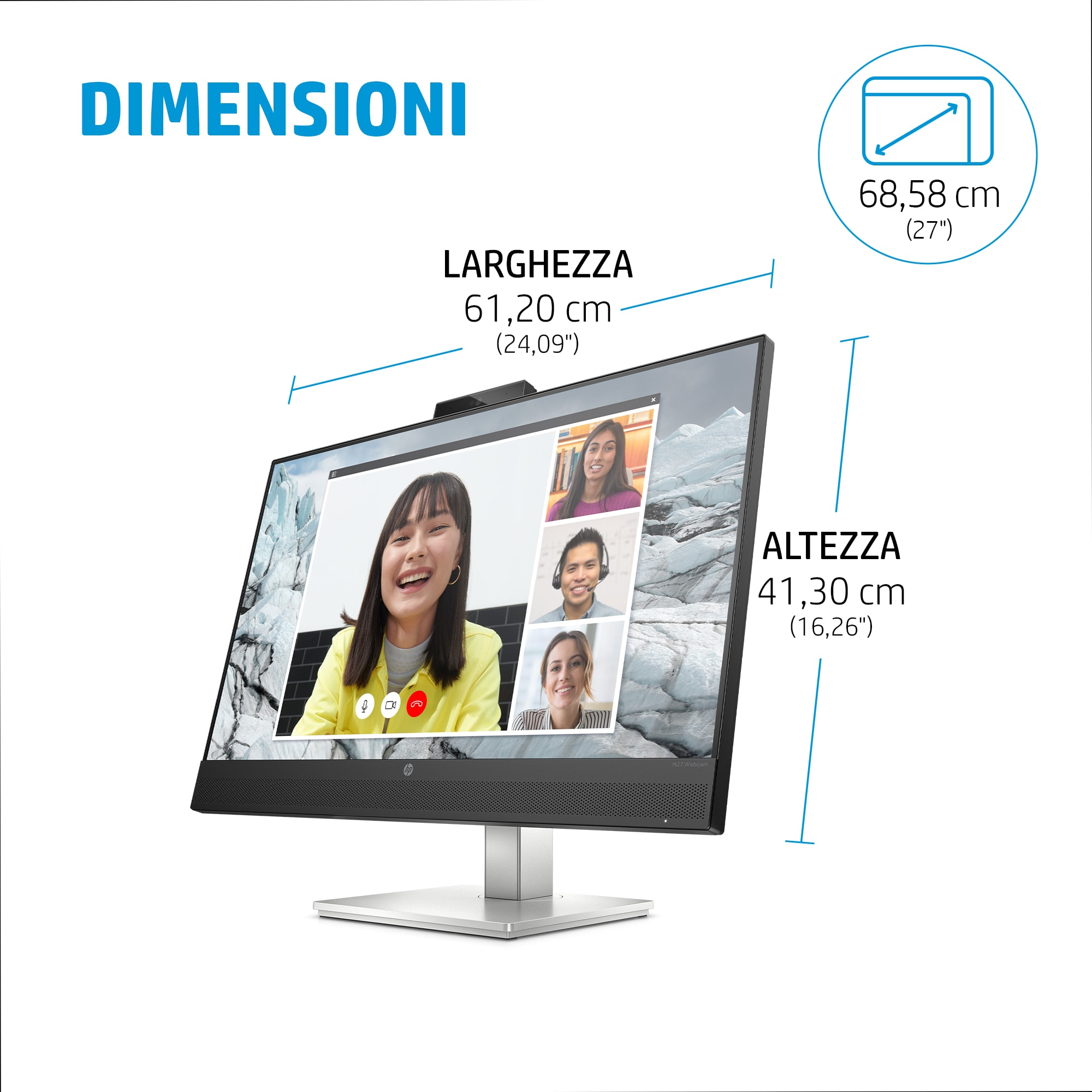Monitor with people in video calls, dimensions shown.