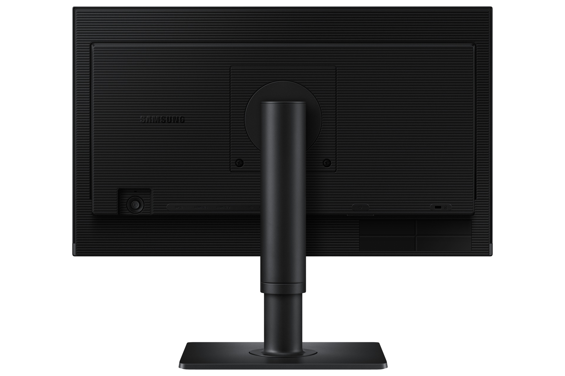Vista posteriore di un monitor Samsung nero con supporto e varie porte.