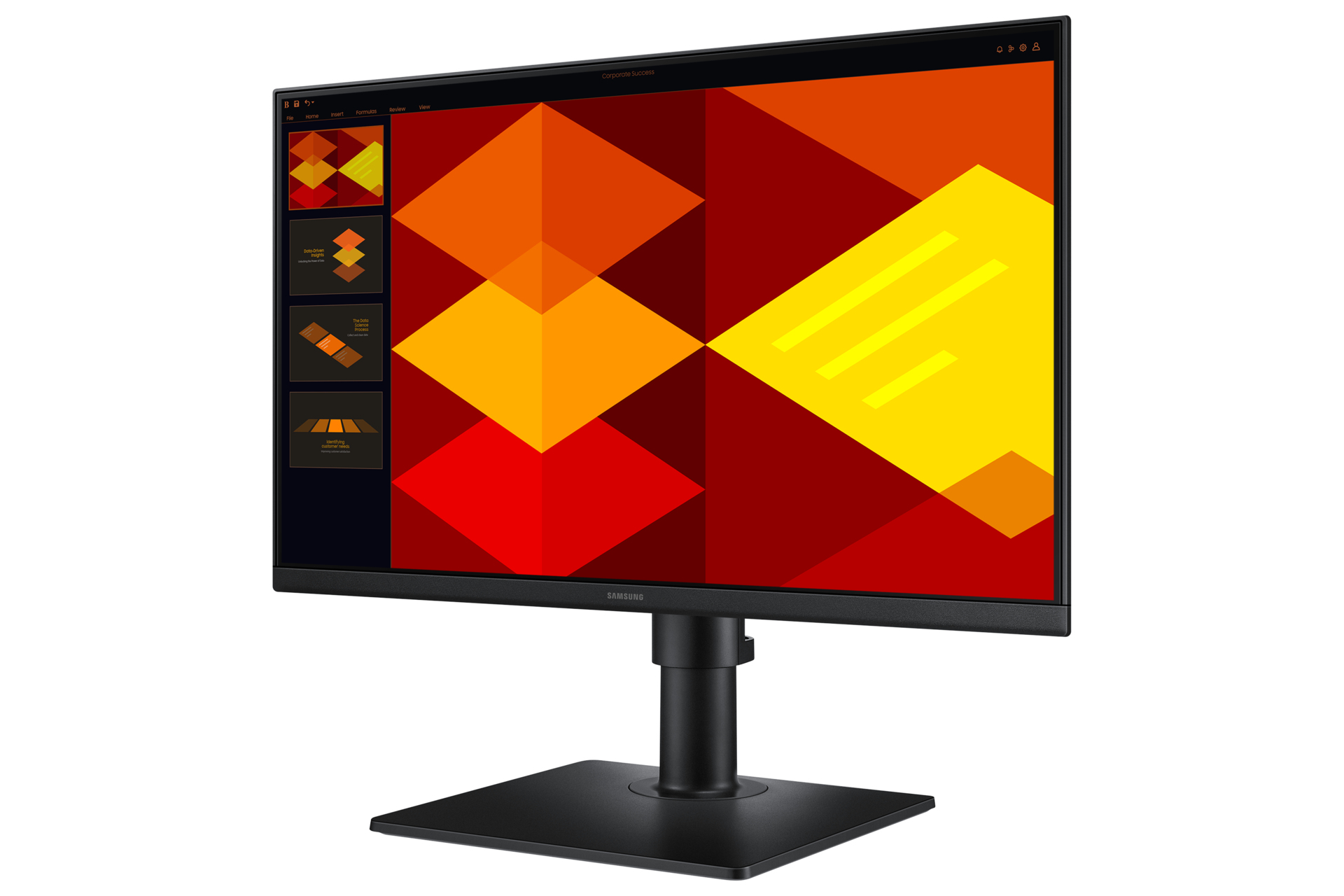 Monitor Samsung mostra un design geometrico colorato su sfondo nero.