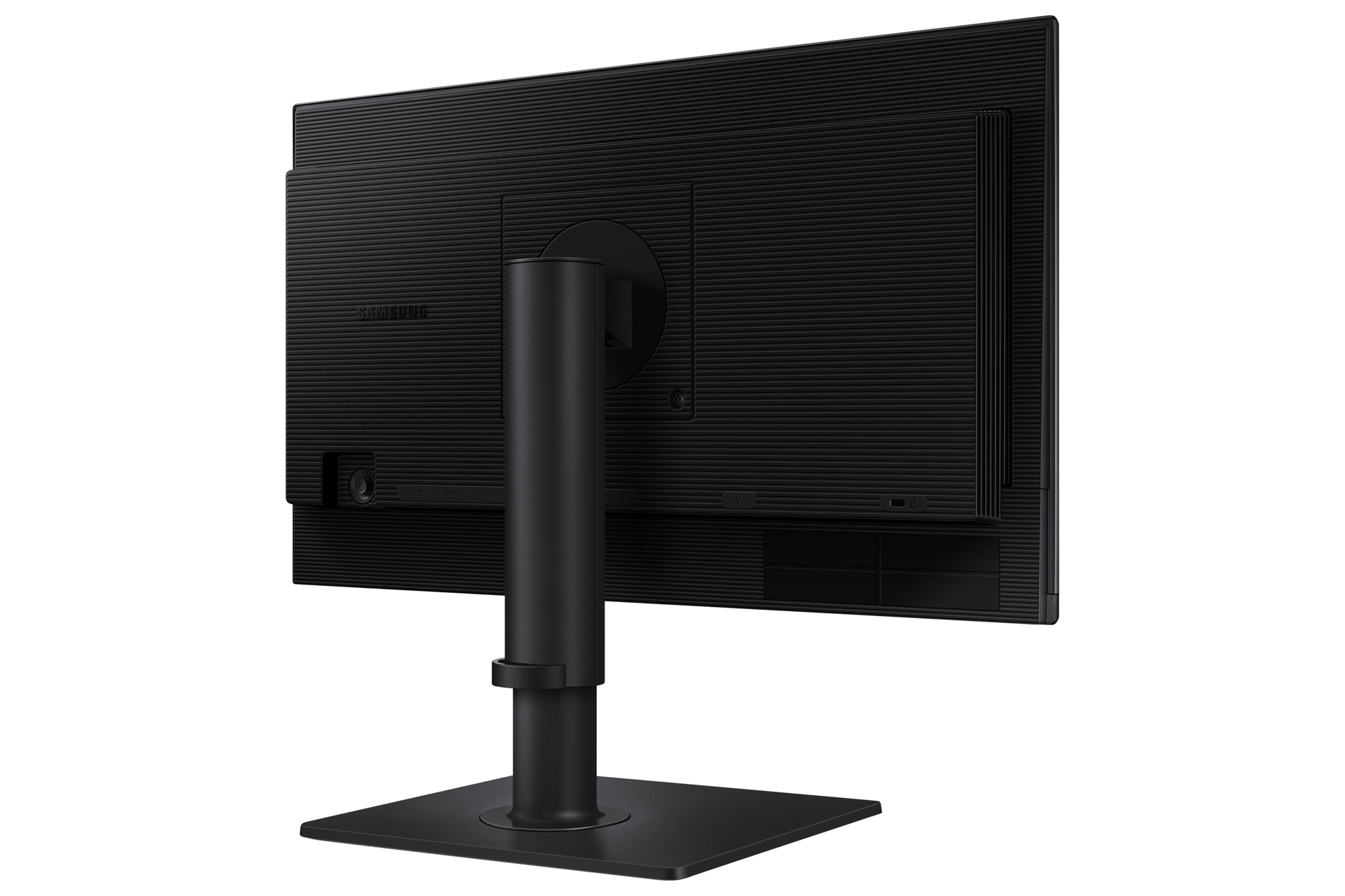 Retro del monitor nero con una trama a coste, supporto e varie porte visibili.