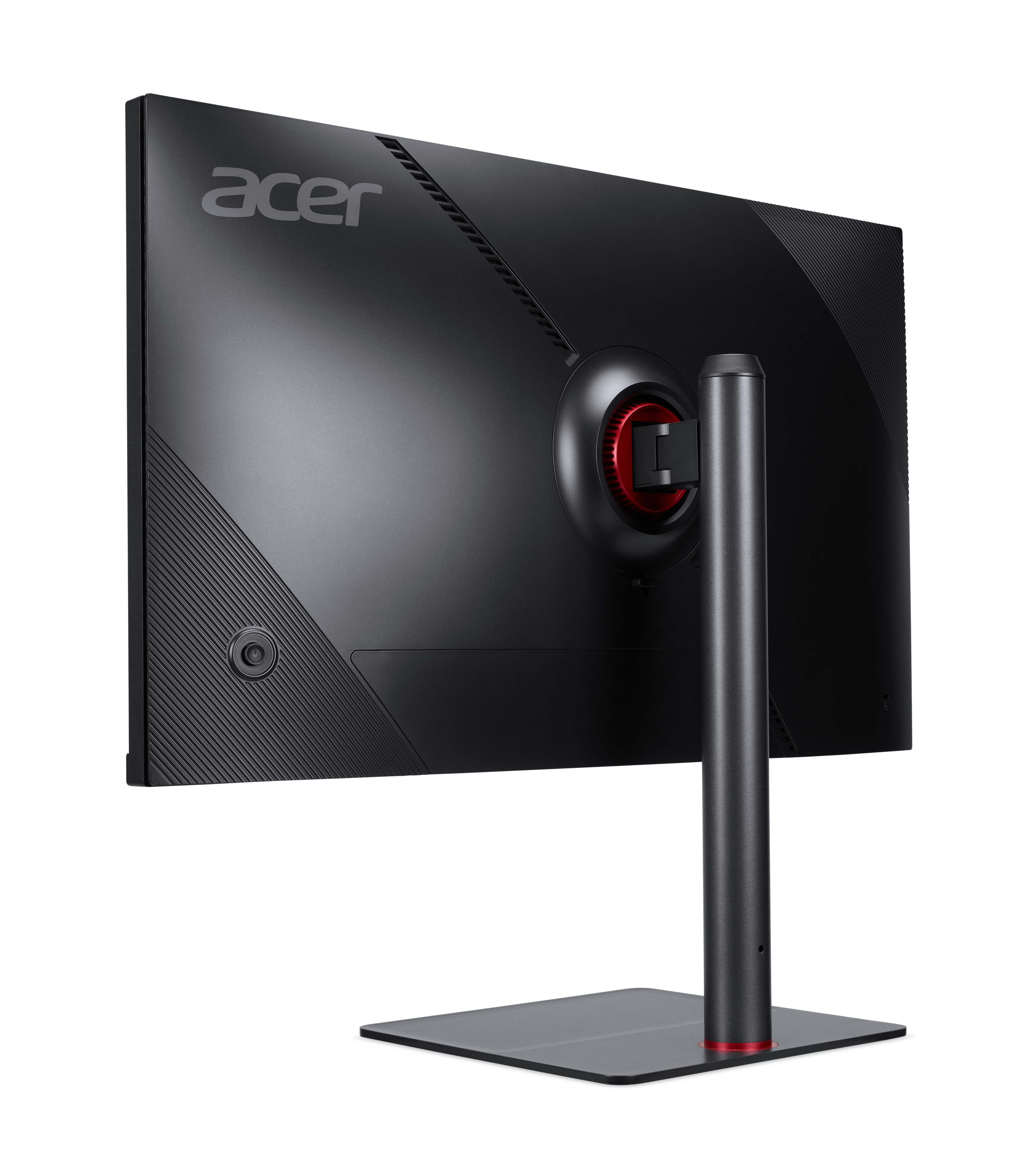 Vista trasera del monitor Acer negro. Logotipo de Acer, detalles en rojo y soporte.
