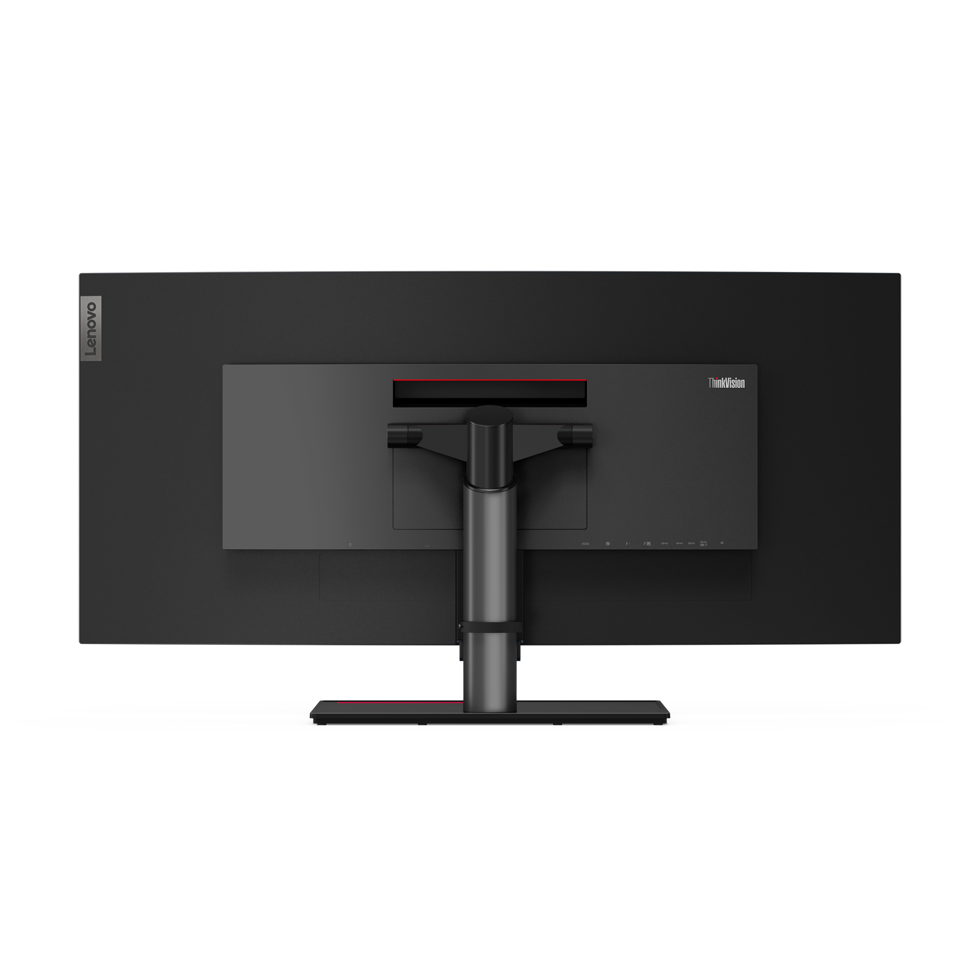 Vista posteriore di un monitor Lenovo ThinkVision. Nero con supporto nero.