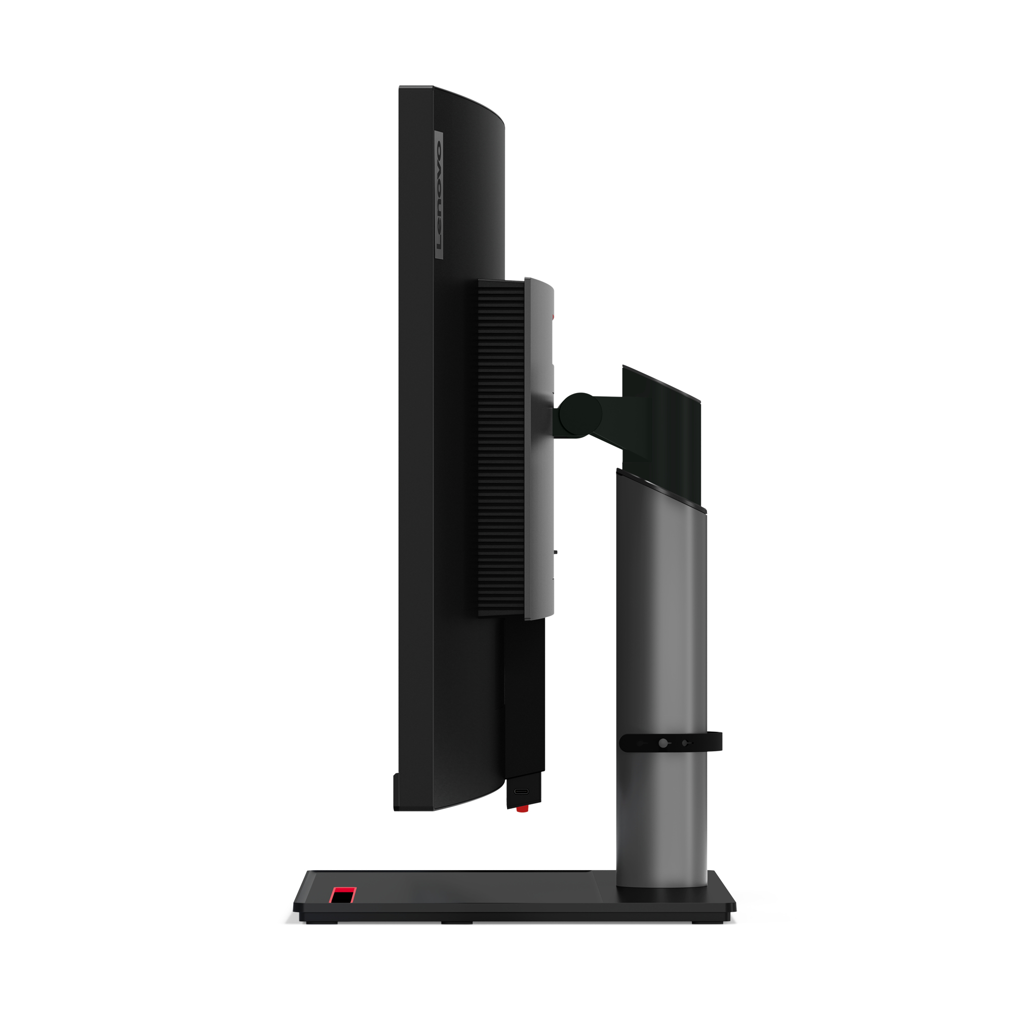 Vista laterale di un monitor nero con supporto grigio, che mostra un pulsante rosso.