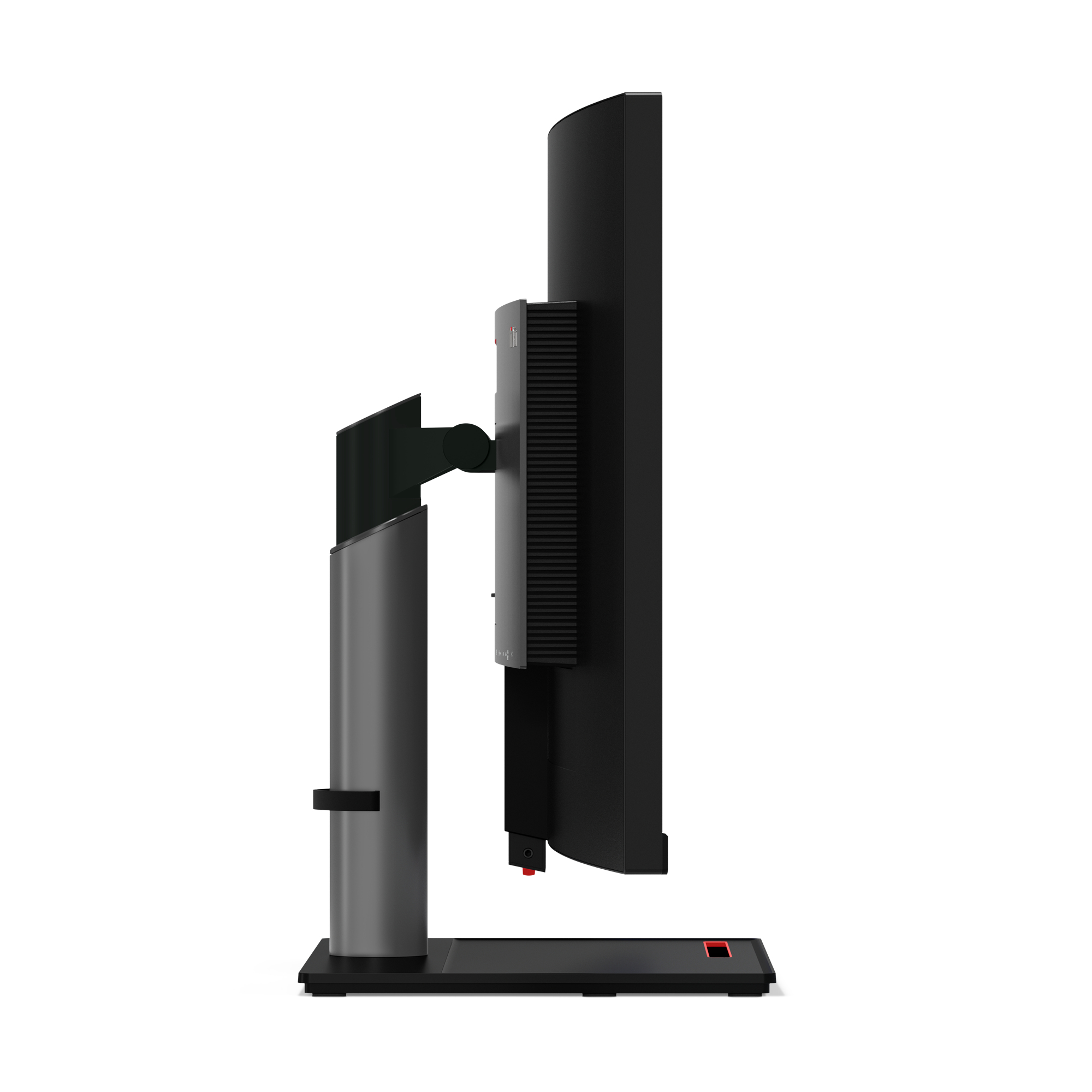 Vista laterale di un monitor Lenovo. Ha uno schermo nero, un supporto argentato e una base nera.