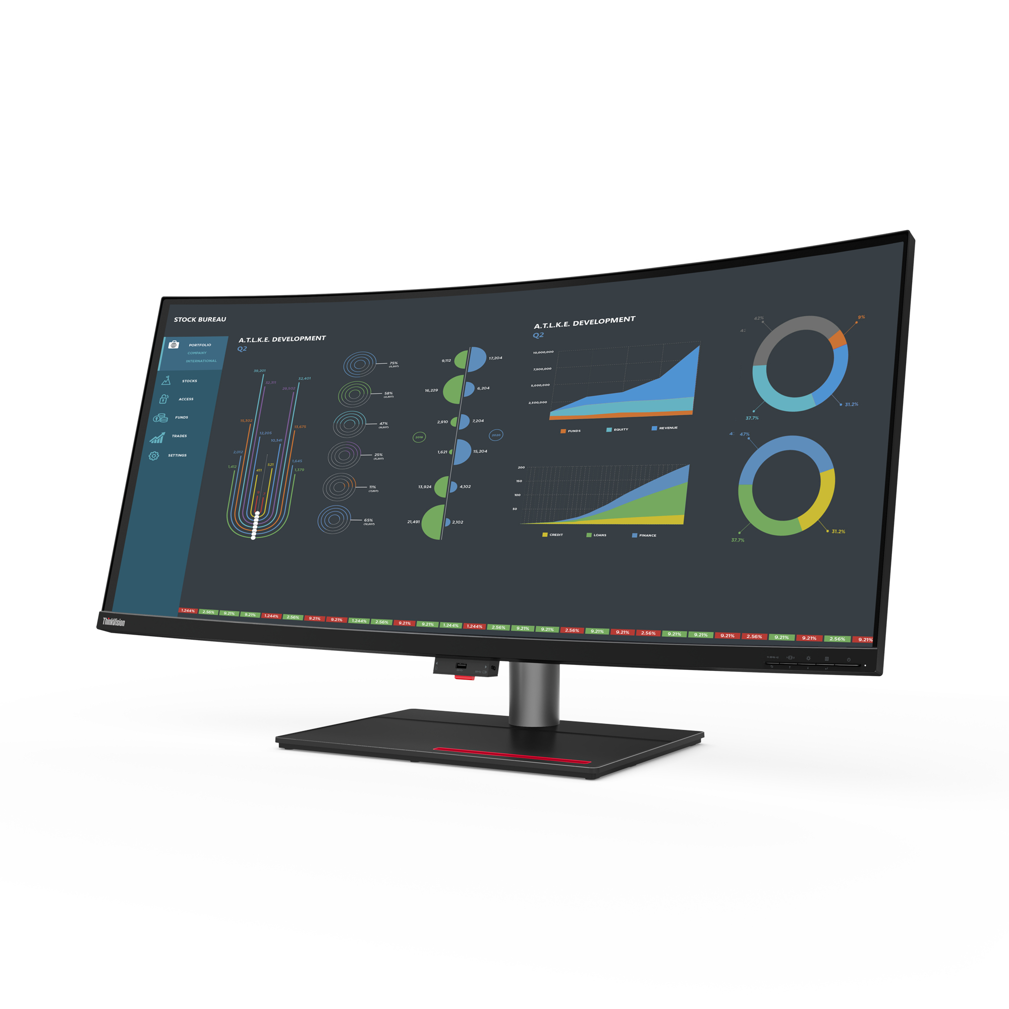 Monitor Lenovo curvo con dati analitici. Base e supporto neri.