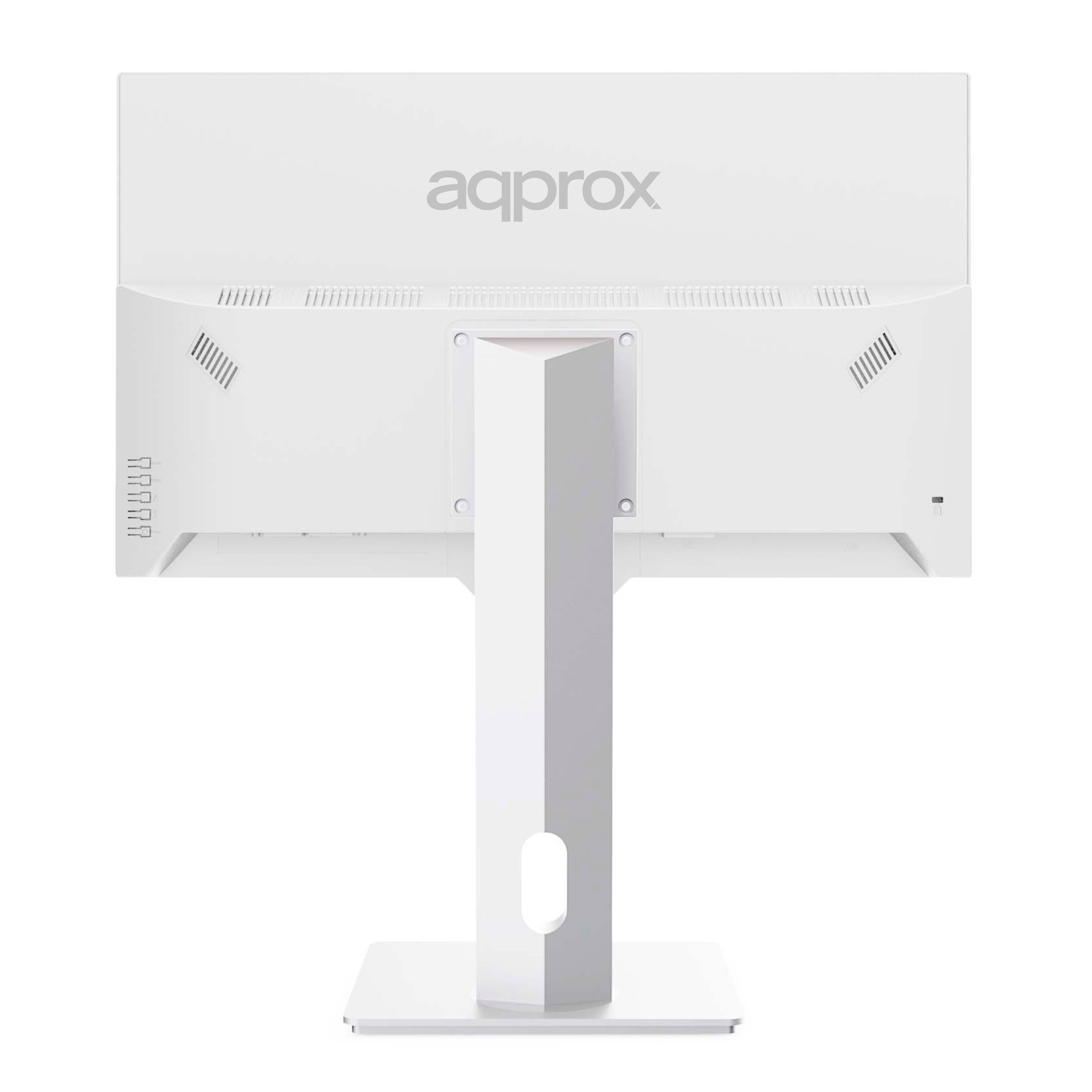 Biały monitor, widok z tyłu. Widoczne logo Aqprox. Biała podstawa i tło.