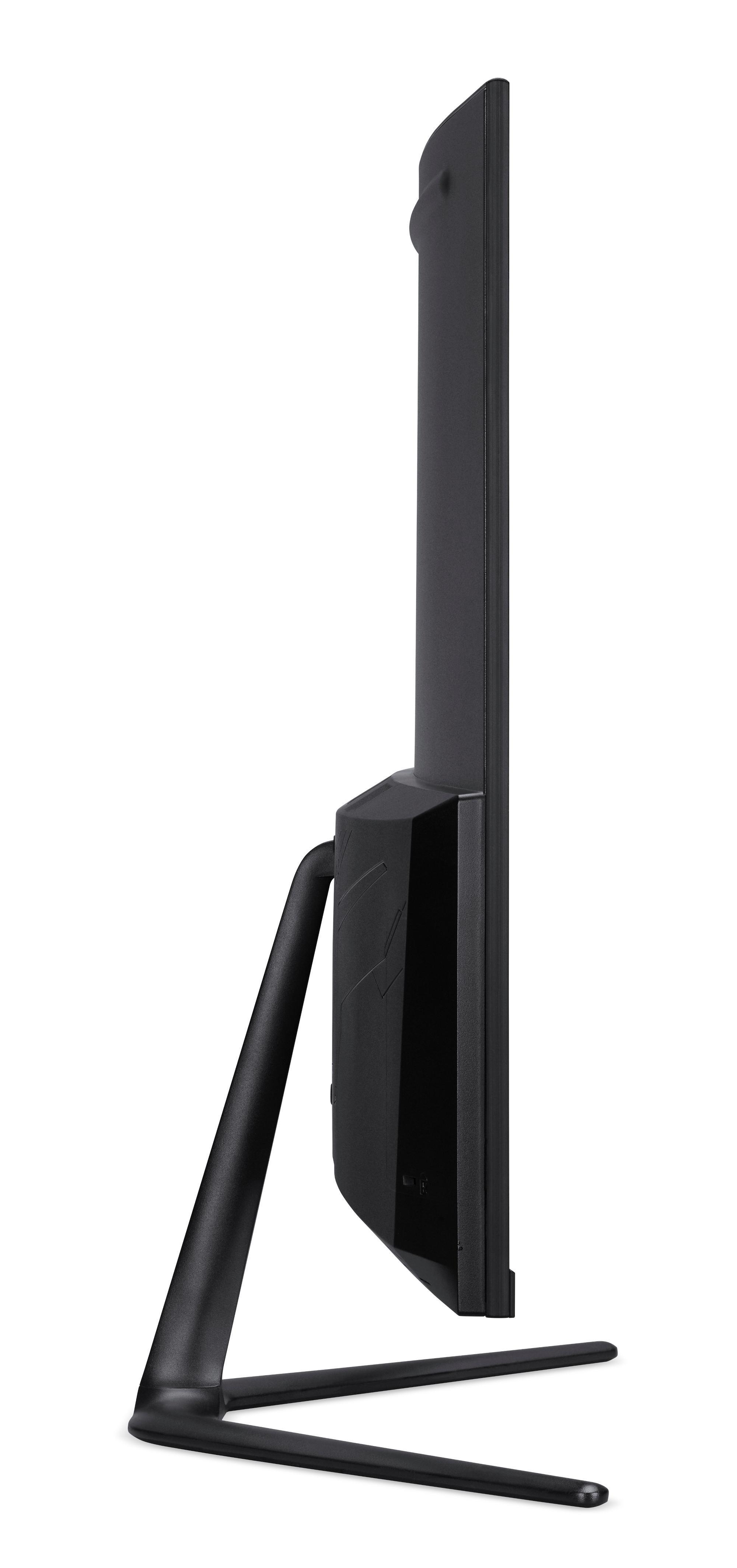 Elegancki, czarny monitor z zakrzywionym stojakiem, widok z boku.