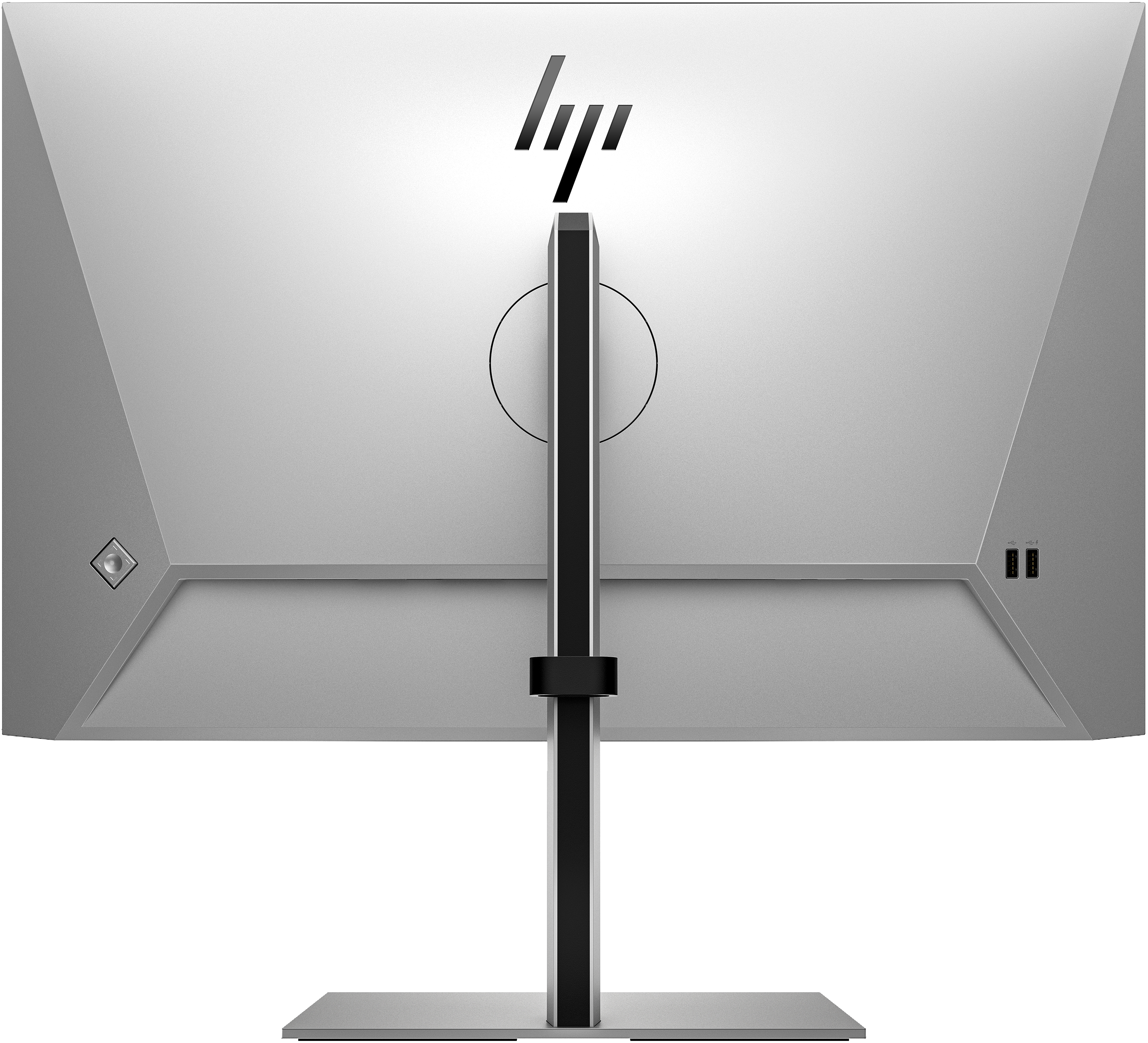 Tył srebrnego monitora HP z logo HP i portami do połączeń.