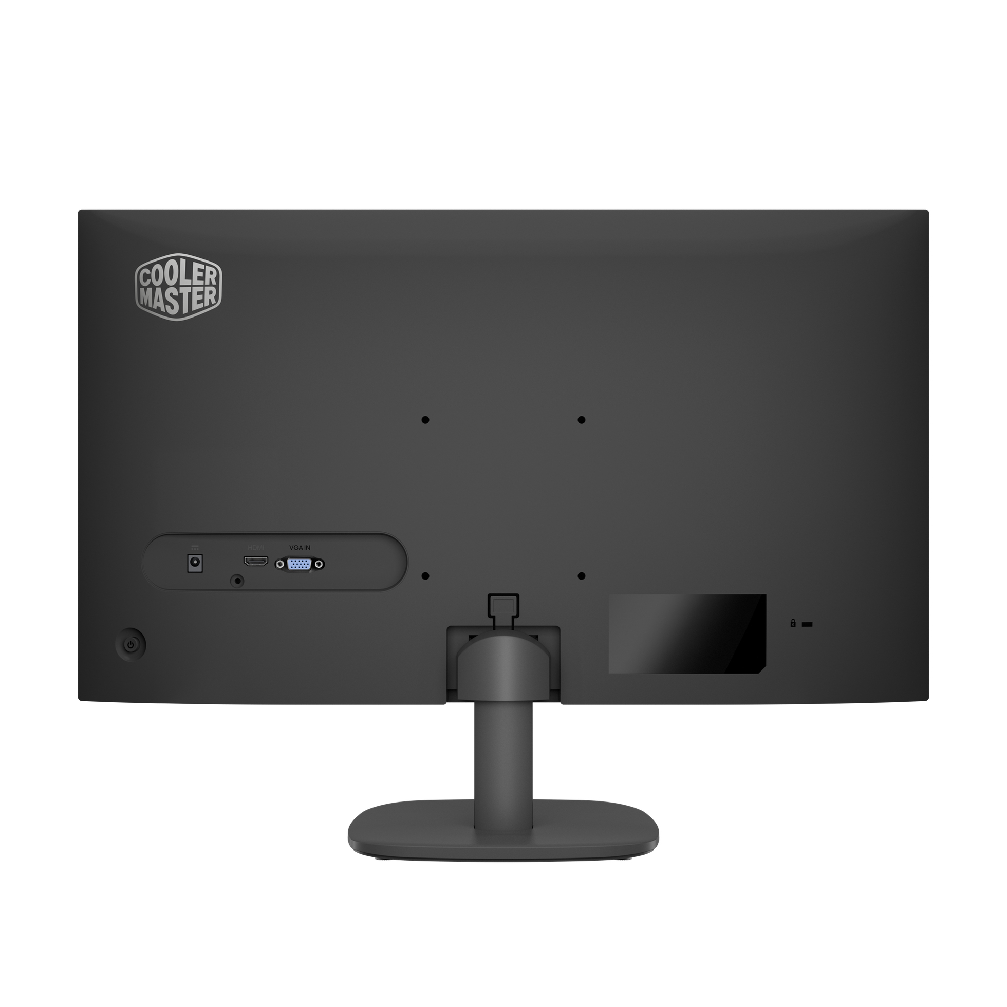 The back of a black Cooler Master monitor, with ports and the Cooler Master logo visible.