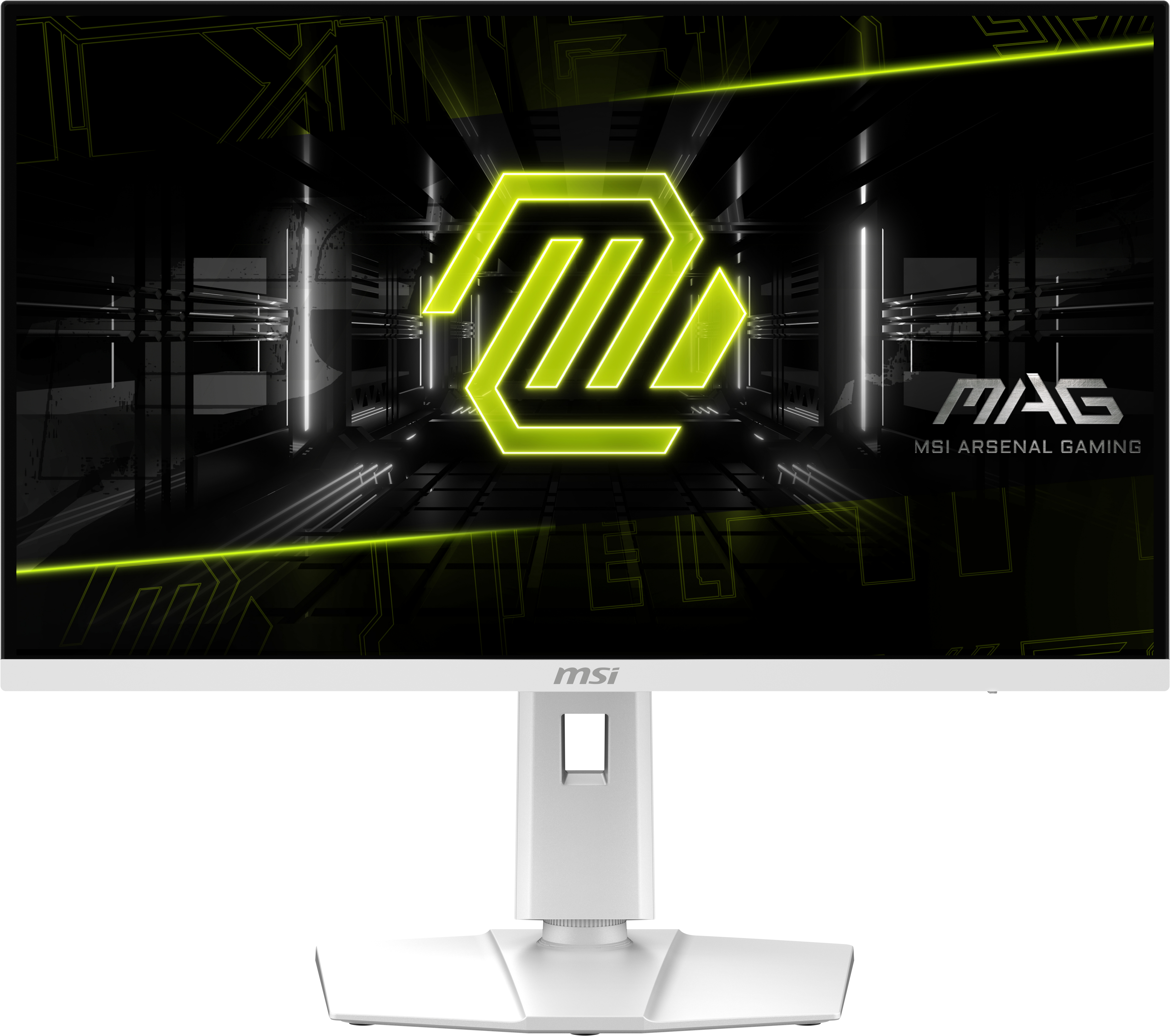Biały monitor MSI z neonowo-zielonym logo i tekstem na ekranie.
