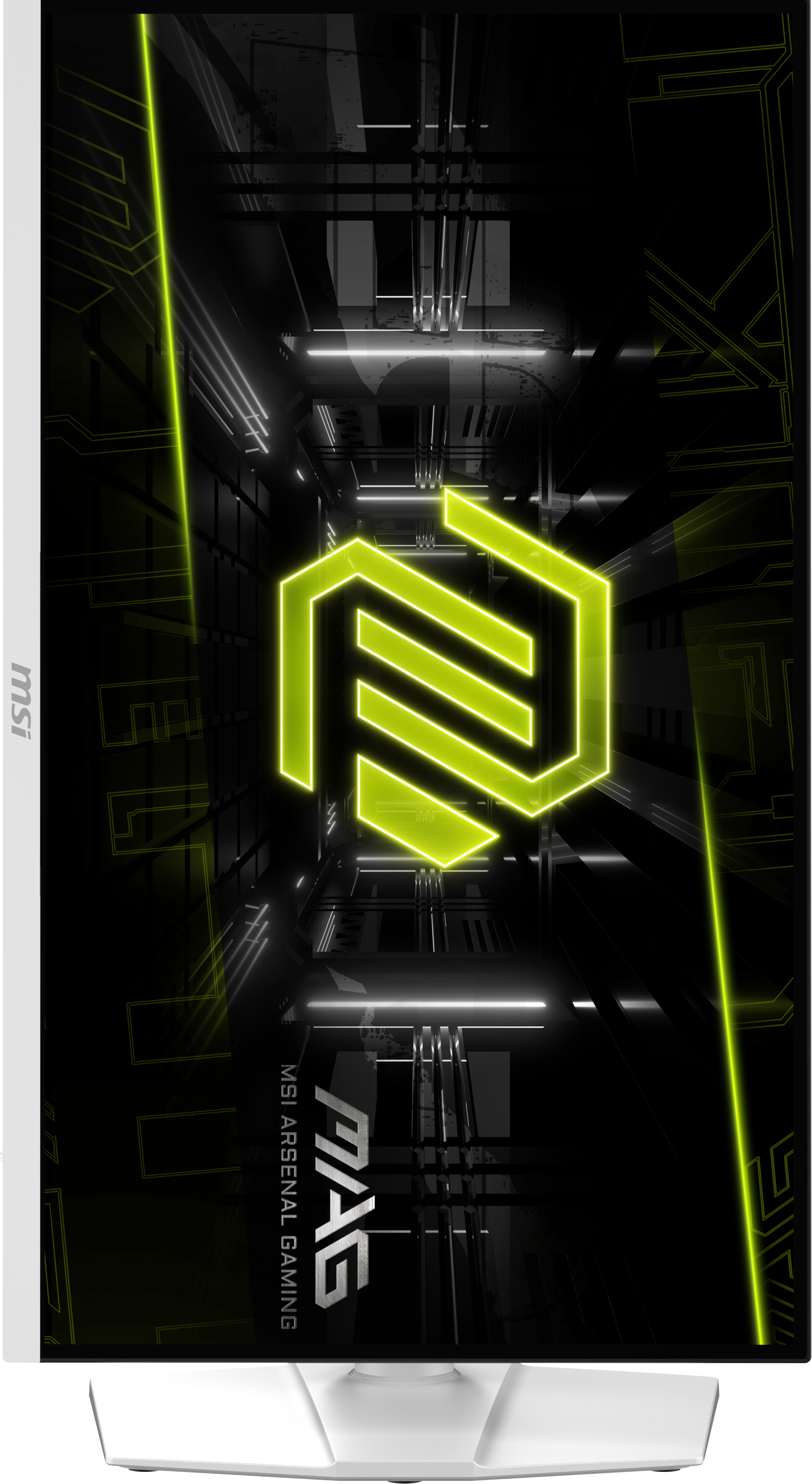 Monitor do gier MSI wyświetla neonowe zielone logo i linie na czarnym tle.