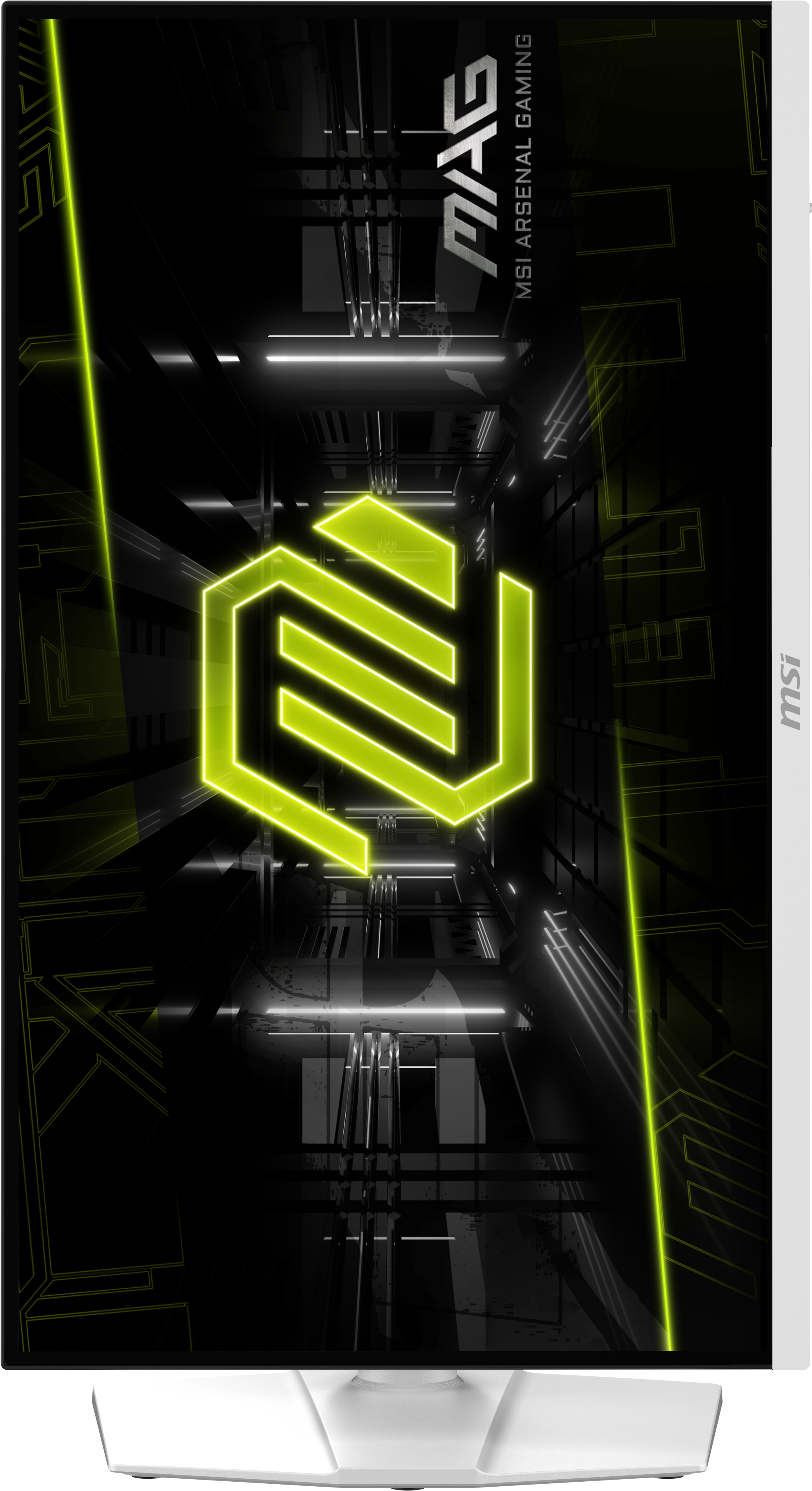 Monitor do gier MSI, pokazujący neonowo-zielone logo na czarnym tle.