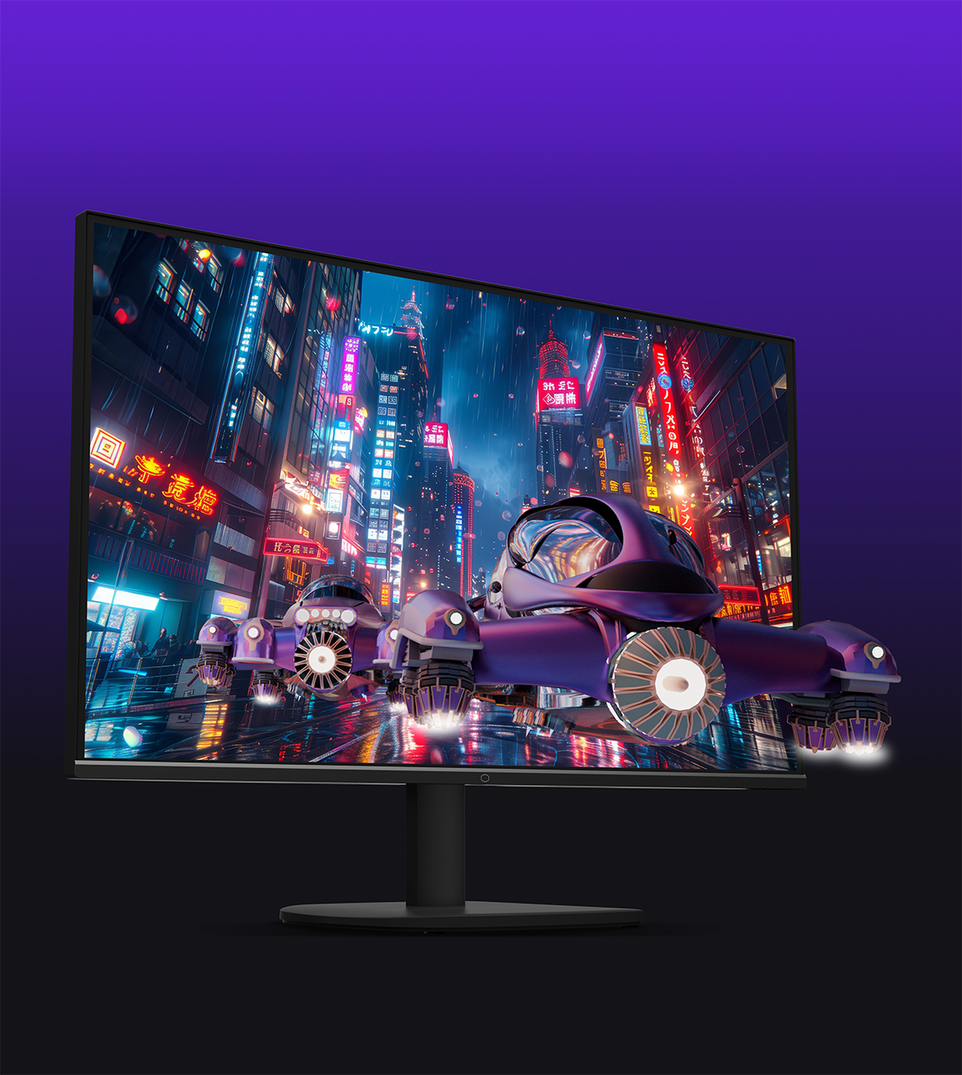 Monitor displaying a futuristic city scene with flying vehicles and neon lights, against a purple sky.