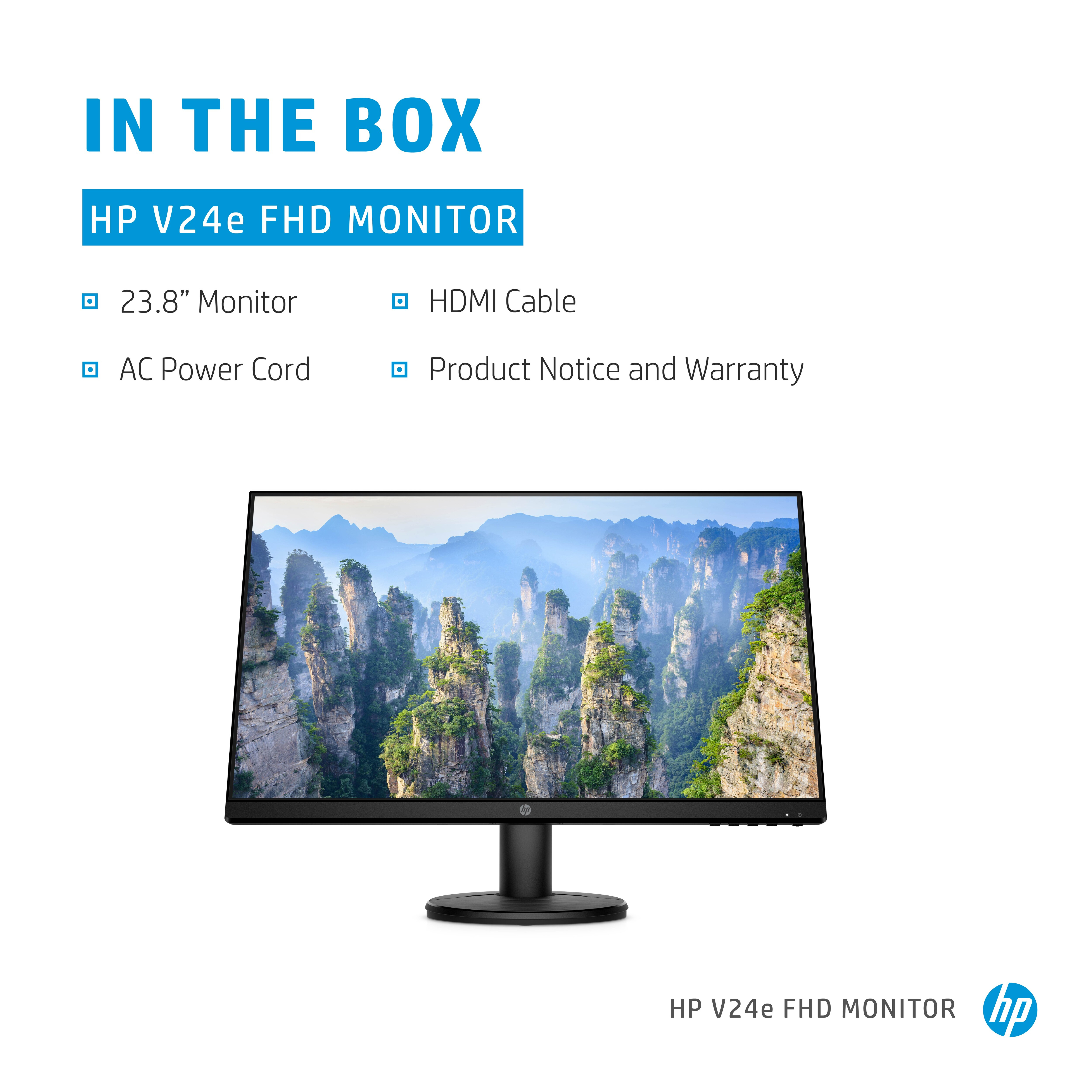 Monitor HP V24e FHD nella scatola con accessori come cavo HDMI e cavo di alimentazione.
